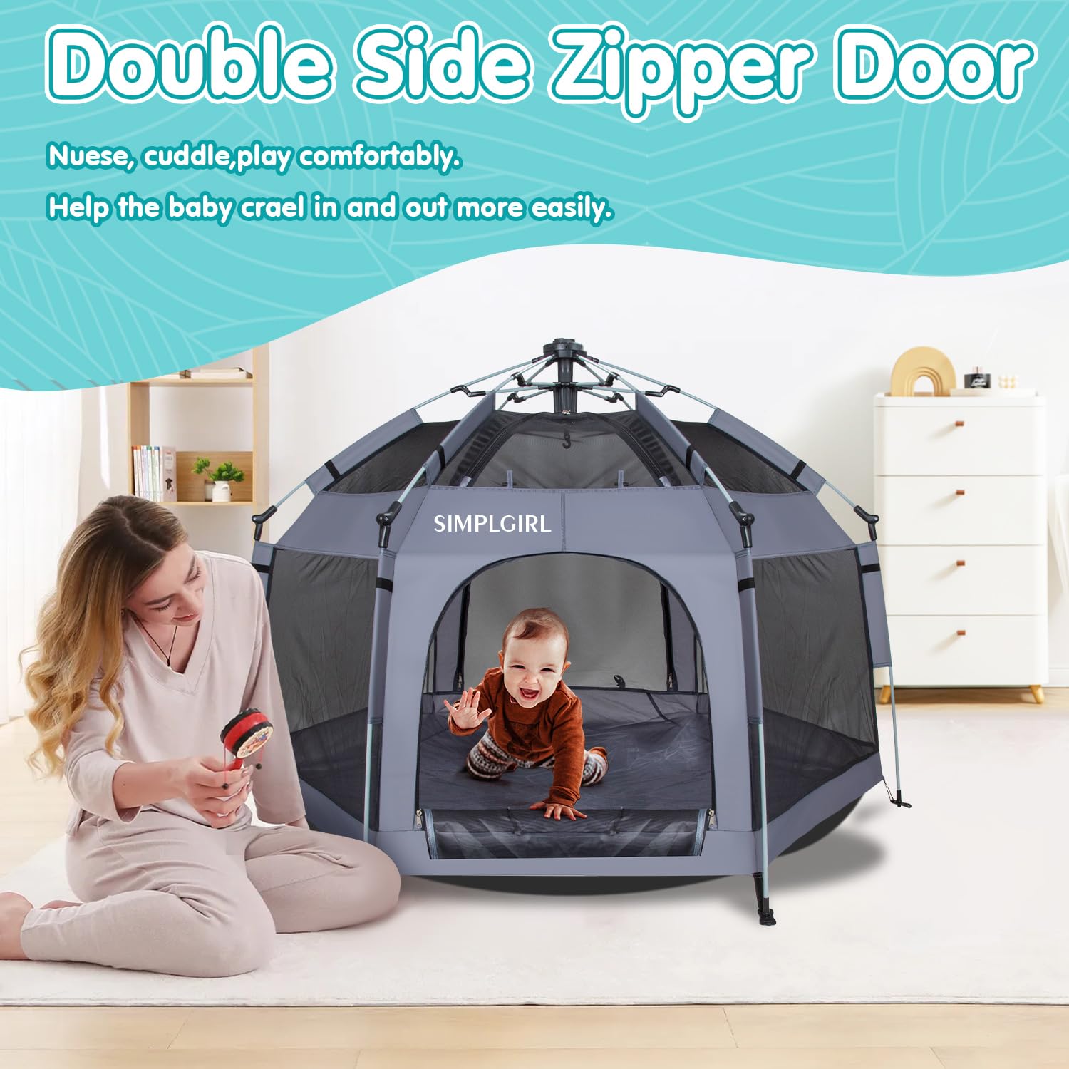 SIMPLGIRL Premium Playpen safety lock rails enhance secure playtime.