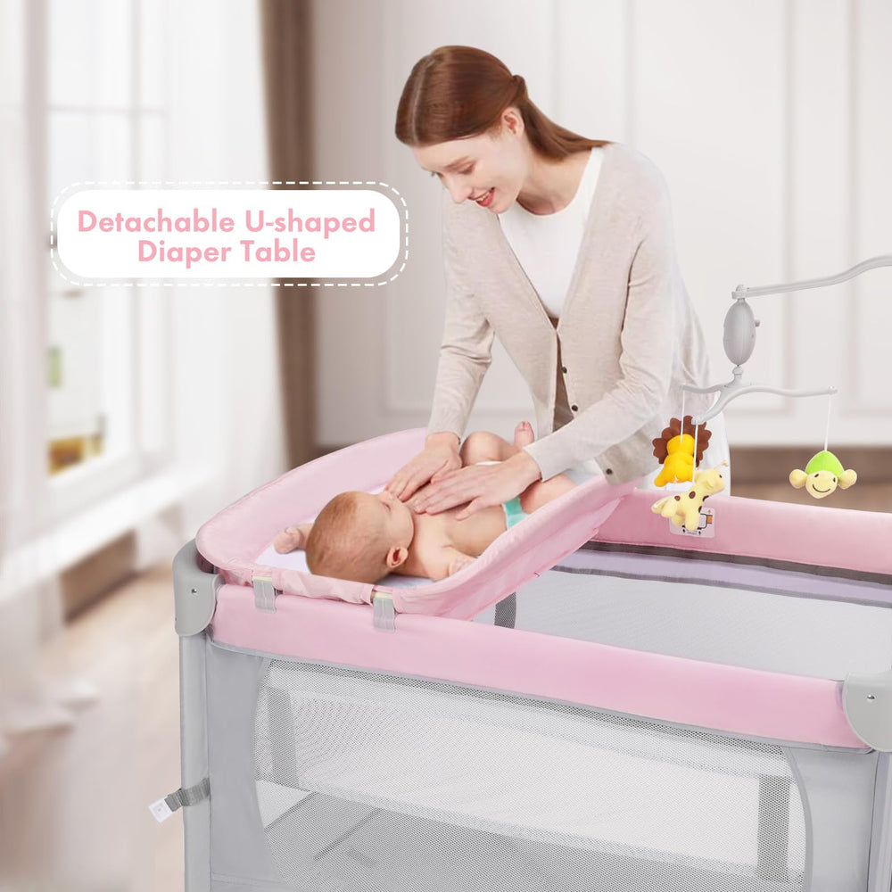 SIMPLGIRL sturdy iron-frame with 7-point support ensures stable play yard.