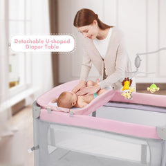 SIMPLGIRL sturdy iron-frame with 7-point support ensures stable play yard.