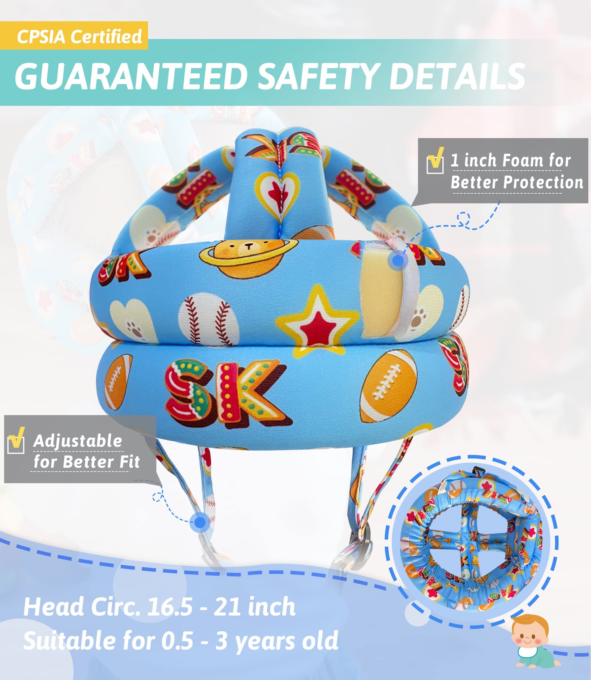 Simply Kids head protector adjustable fit demonstrating growth with baby 16.5–21 inches