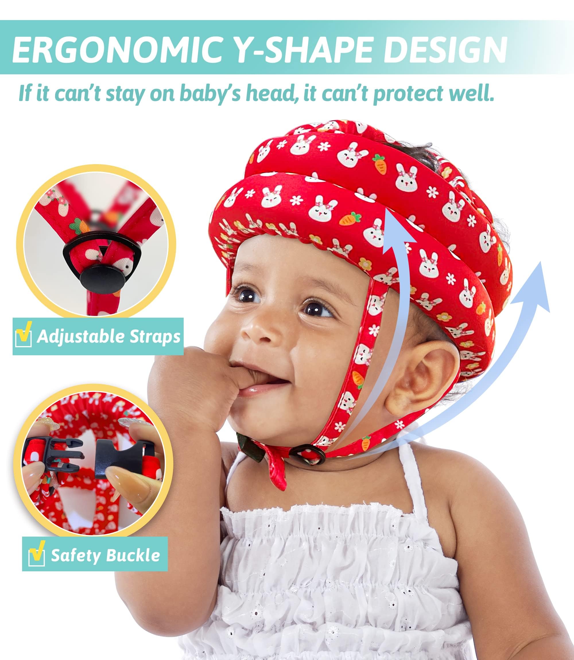 Simply Kids head protector strap-design image emphasizing buckle chin support for stability