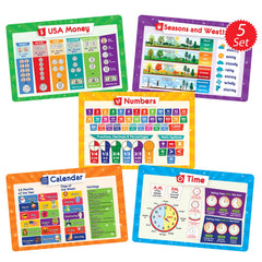 Simply Magic 5 placemats educational set shows money and numbers for kid-friendly mealtime learning.