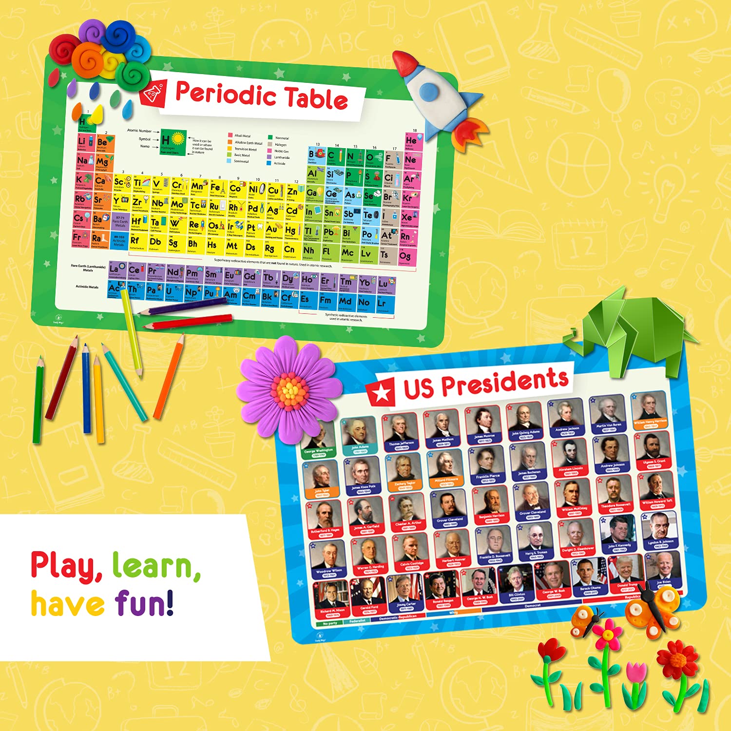 Simply Magic educational placemat set offers quick topic references during family dinners.