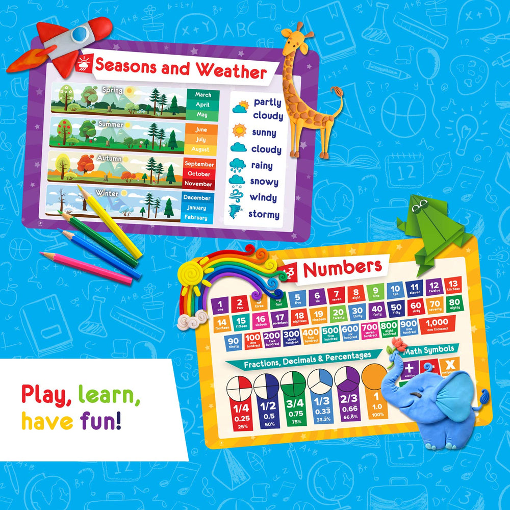 Simply Magic placemats feature money and numbers for early math practice during snack time.