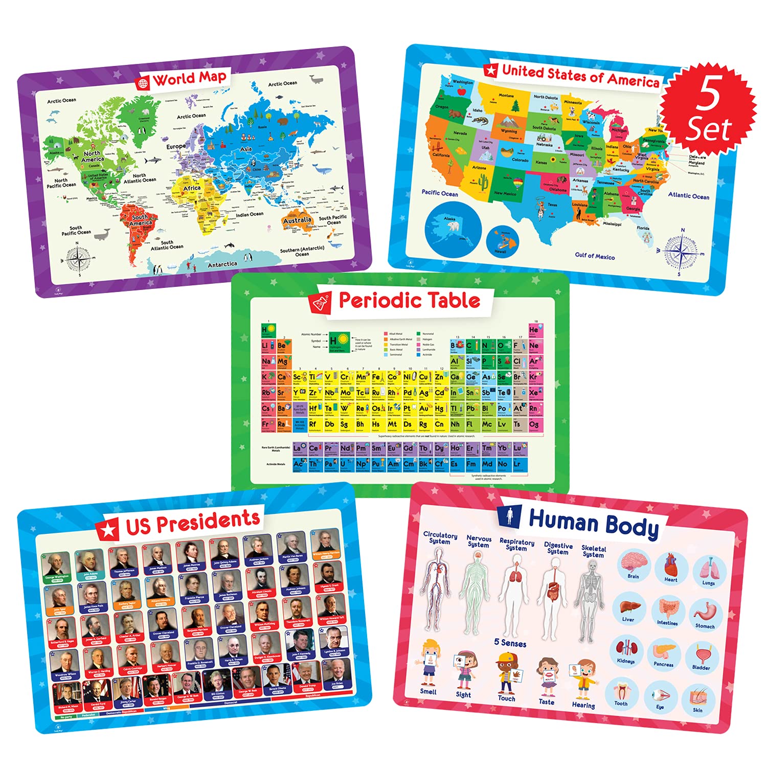 Simply Magic USA map placemats showing colorful states for geography learning during meals.