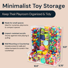 SimplyImagine wall-mounted clear toy organizer showing open bottom dispensing
