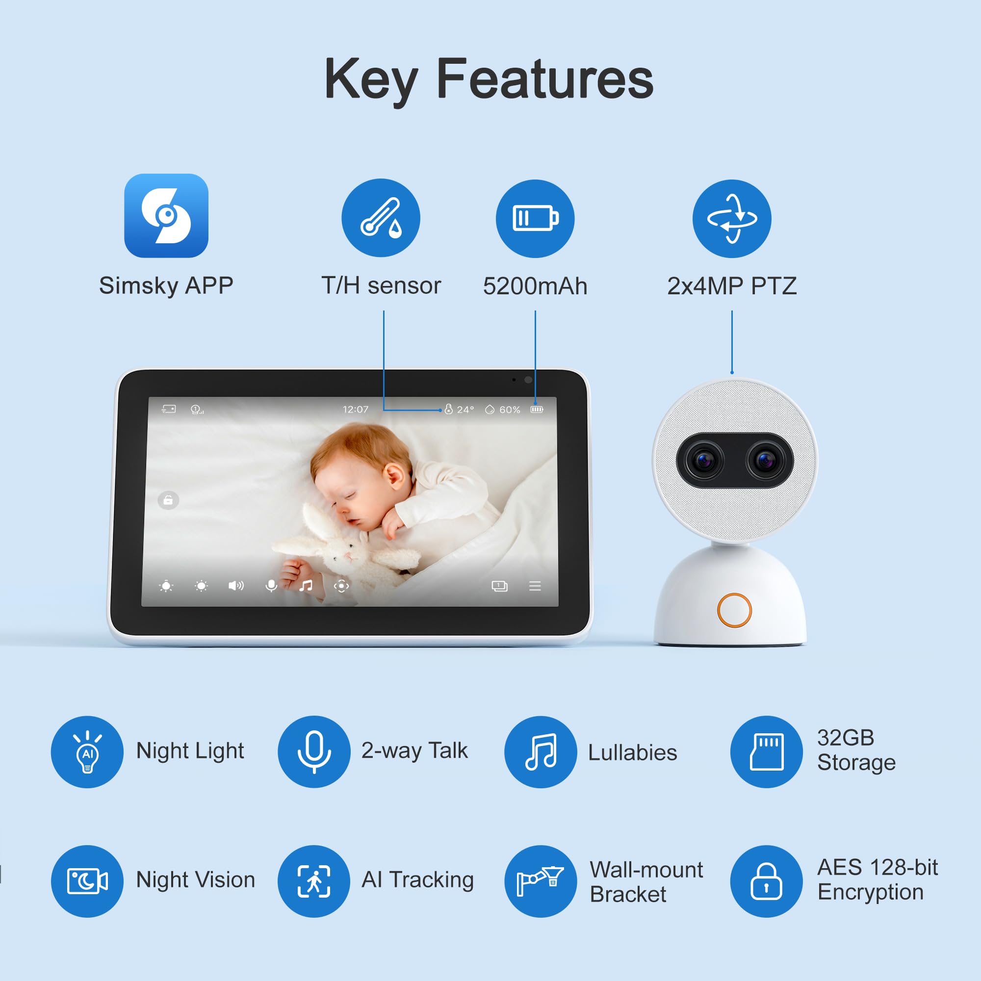 Simsky AES-128 encryption protects video data for enhanced privacy.
