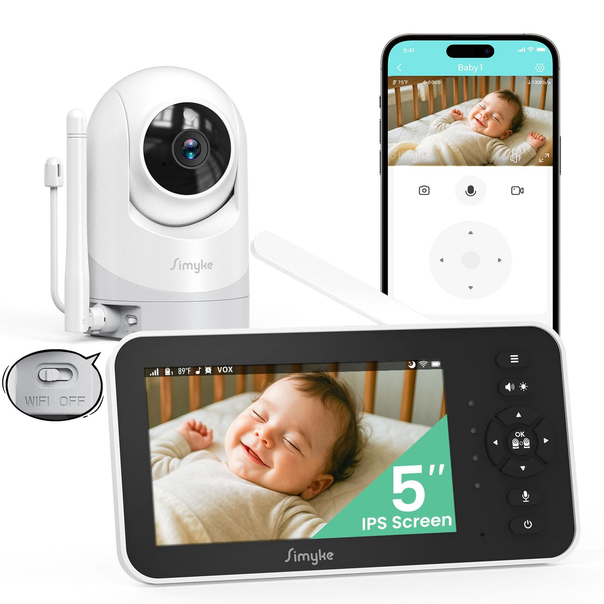 Simyke video monitor with 5-inch display for a clear baby view