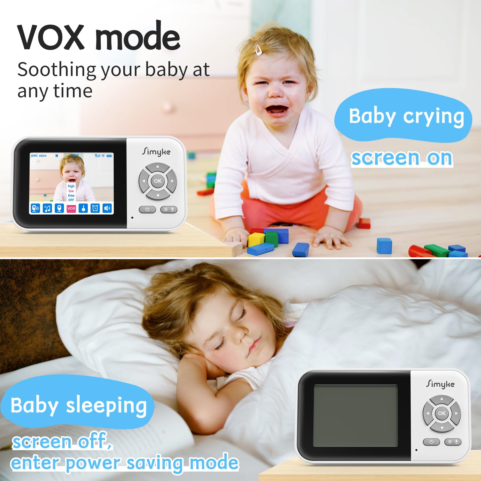 Simyke two-way audio lets you speak to baby from another room.