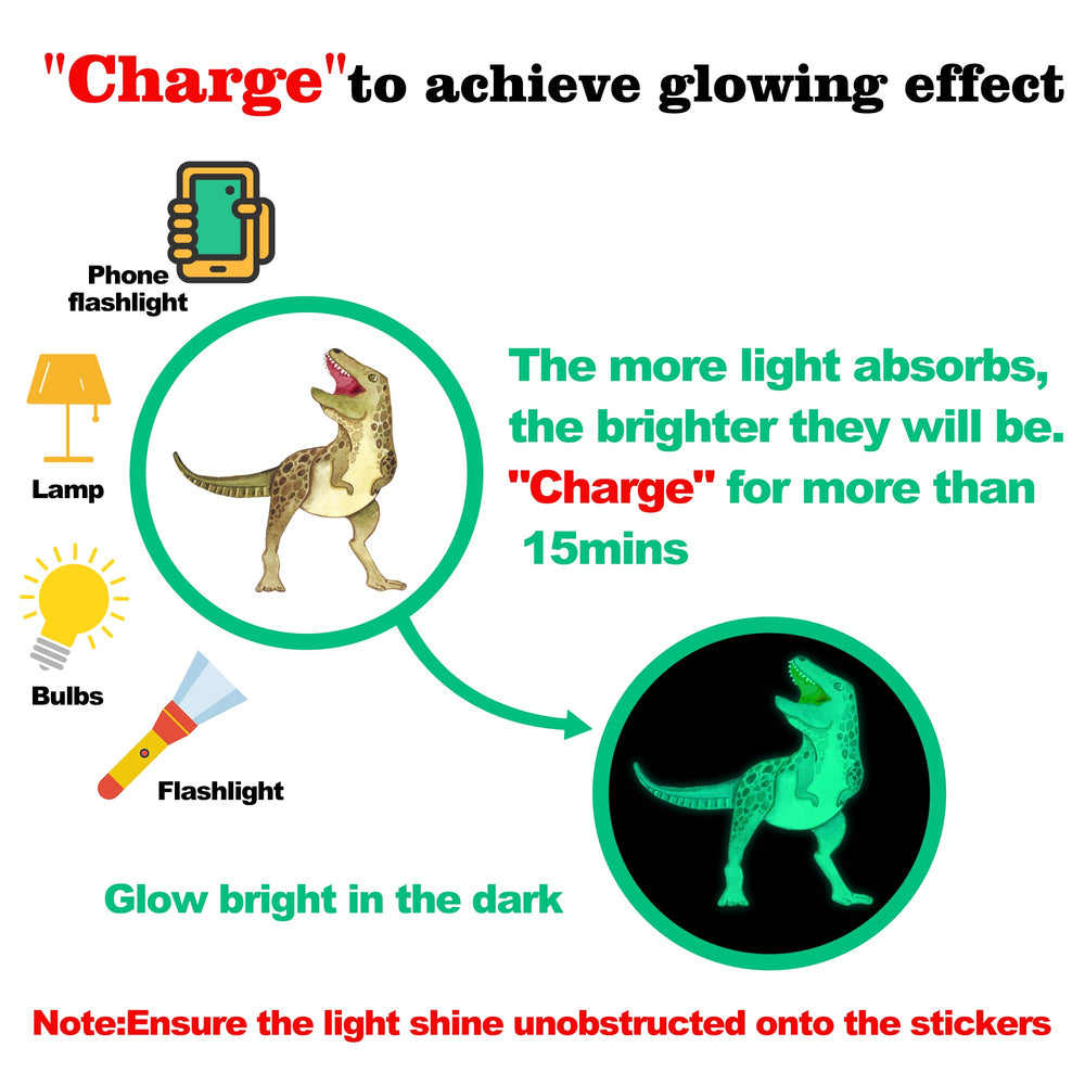 Sinekong glow-in-the-dark dinosaurs illuminate the room after dusk for ambience.