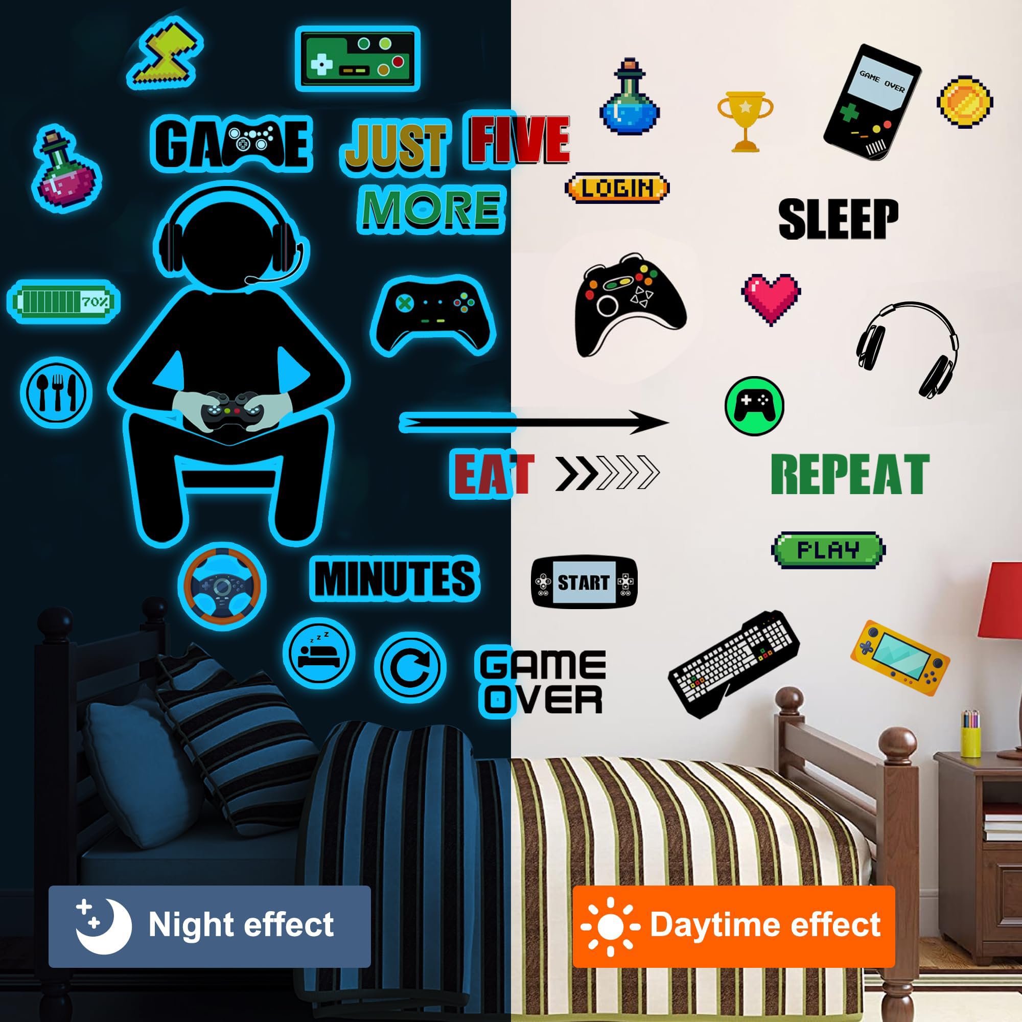 Sinekong gamer wall decal game-component collage adds dynamic focus.