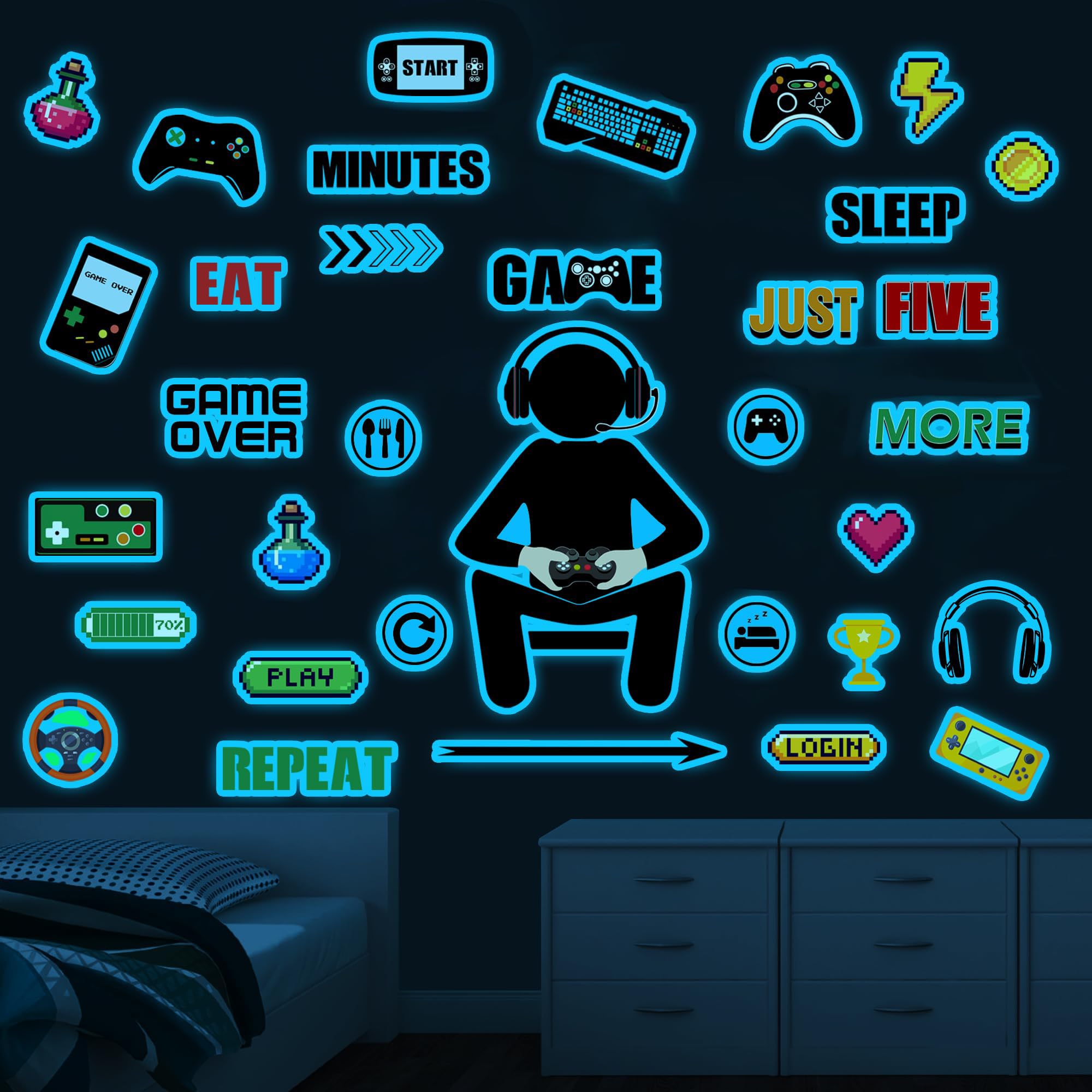 Sinekong gamer wall decal glow-in-the-dark option shines after light exposure.