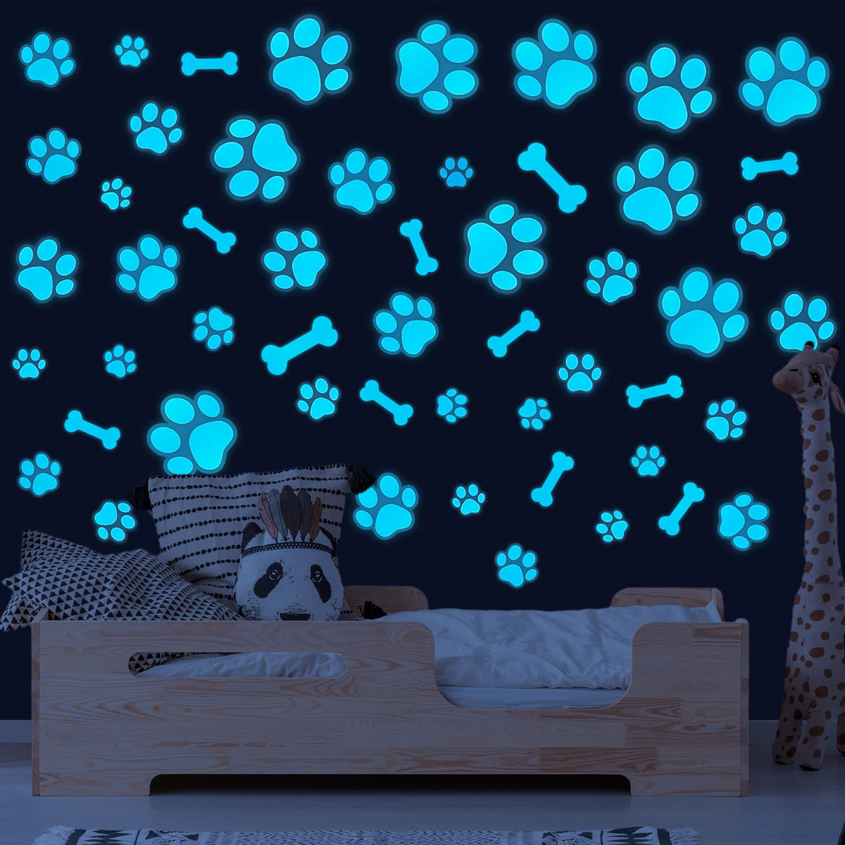 Sinekong glow dog paw print wall decal blue shows vivid daytime color and gentle night glow.