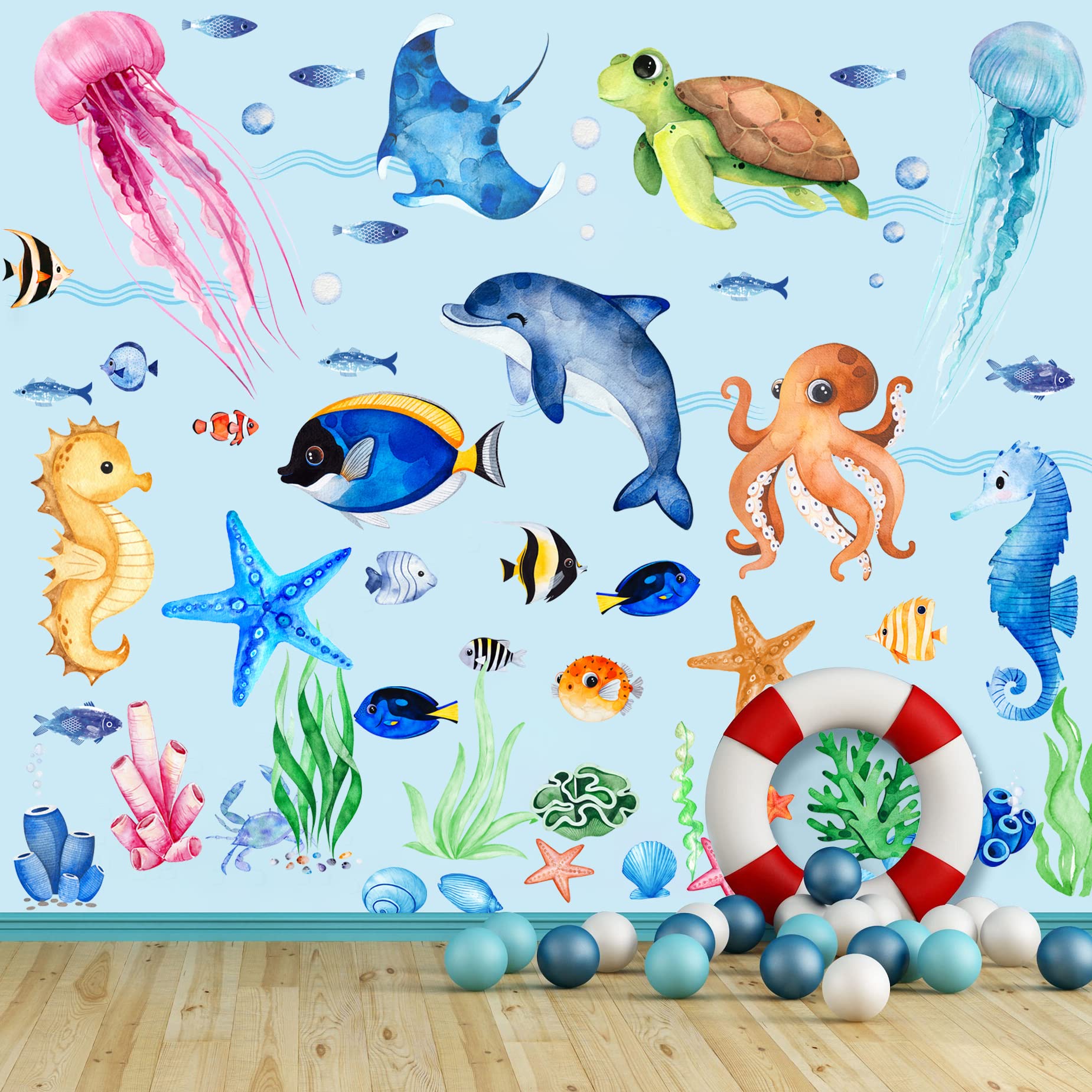 Sinekong ocean fish wall decals with baby shark for playful nursery decor