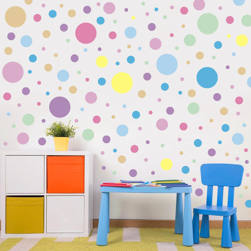 Sinekong polka-dot wall decals pastel bundle closeup; vivid dots spark creativity in playrooms.