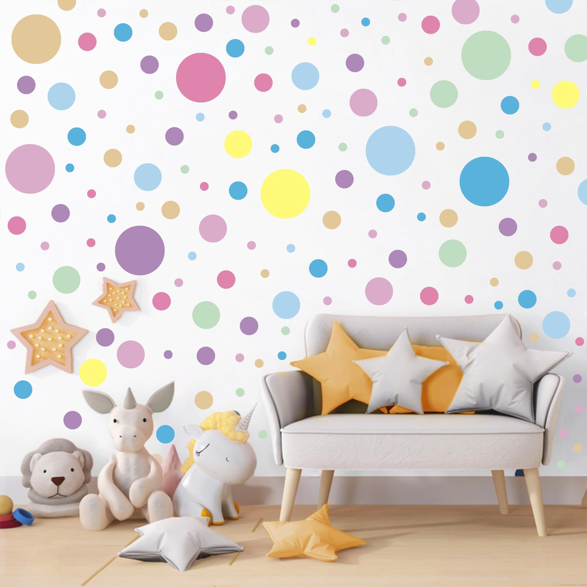 Sinekong polka-dot wall decals pastel nursery-decor; soft tones create calm, inviting spaces.