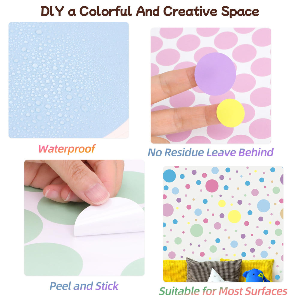 Sinekong polka-dot wall decals pastel playroom-setup; durable vinyl sticks firmly yet removes cleanly.