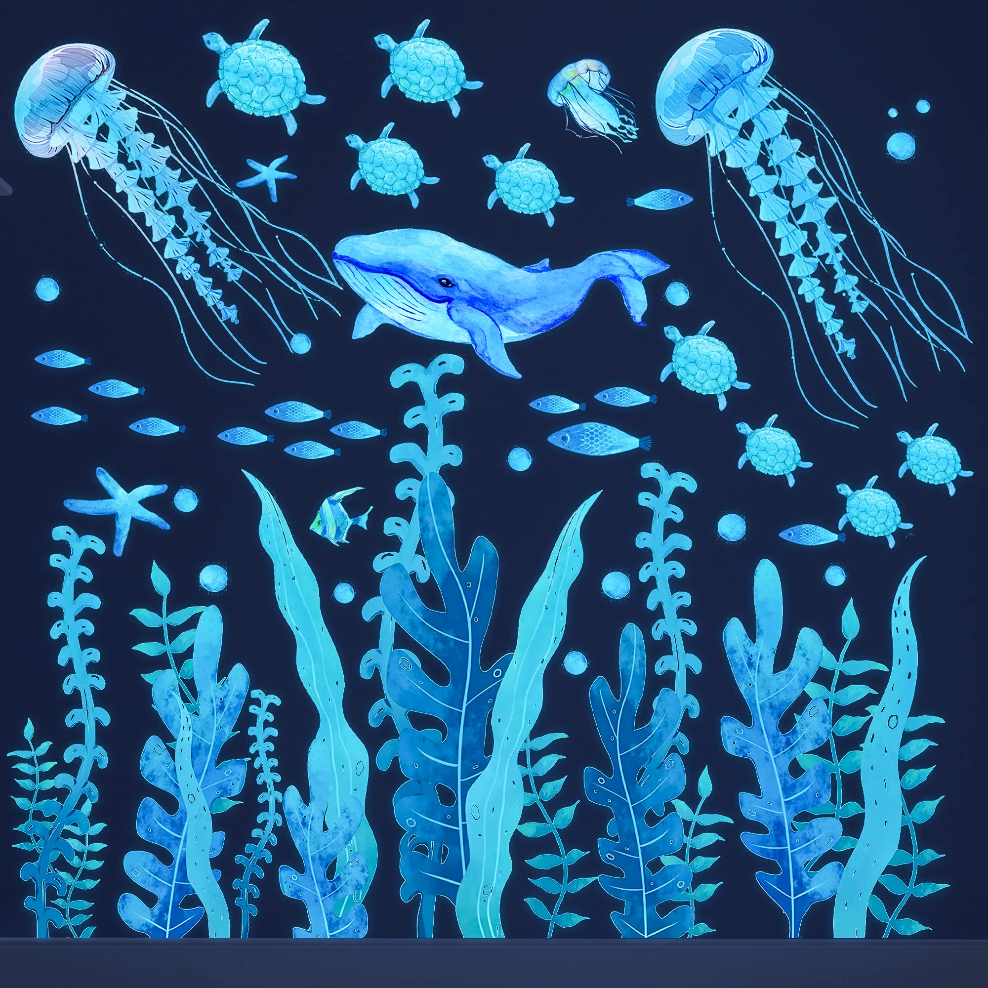 Sinekong Sea Wall Decals seaweed scene enhances kids' room with ocean vibe and glow.