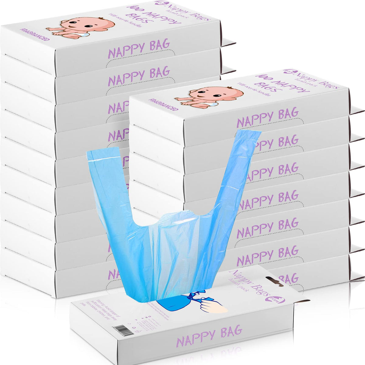 Sinmoe blue diaper bags packaging showing 1600-count supply for long-term use.
