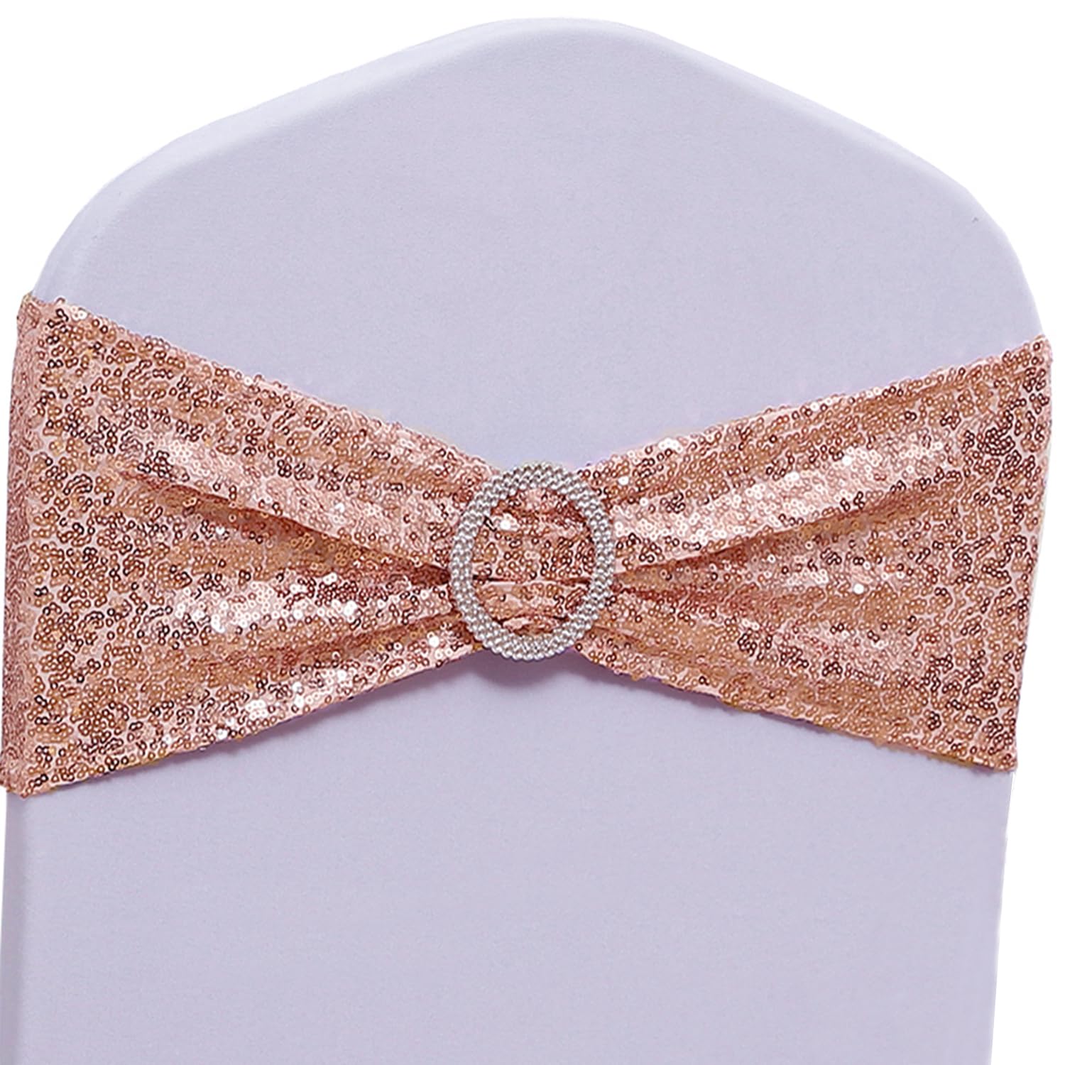 SINSSOWL rose gold chair sash closeup showing sequins and stretch fabric for weddings