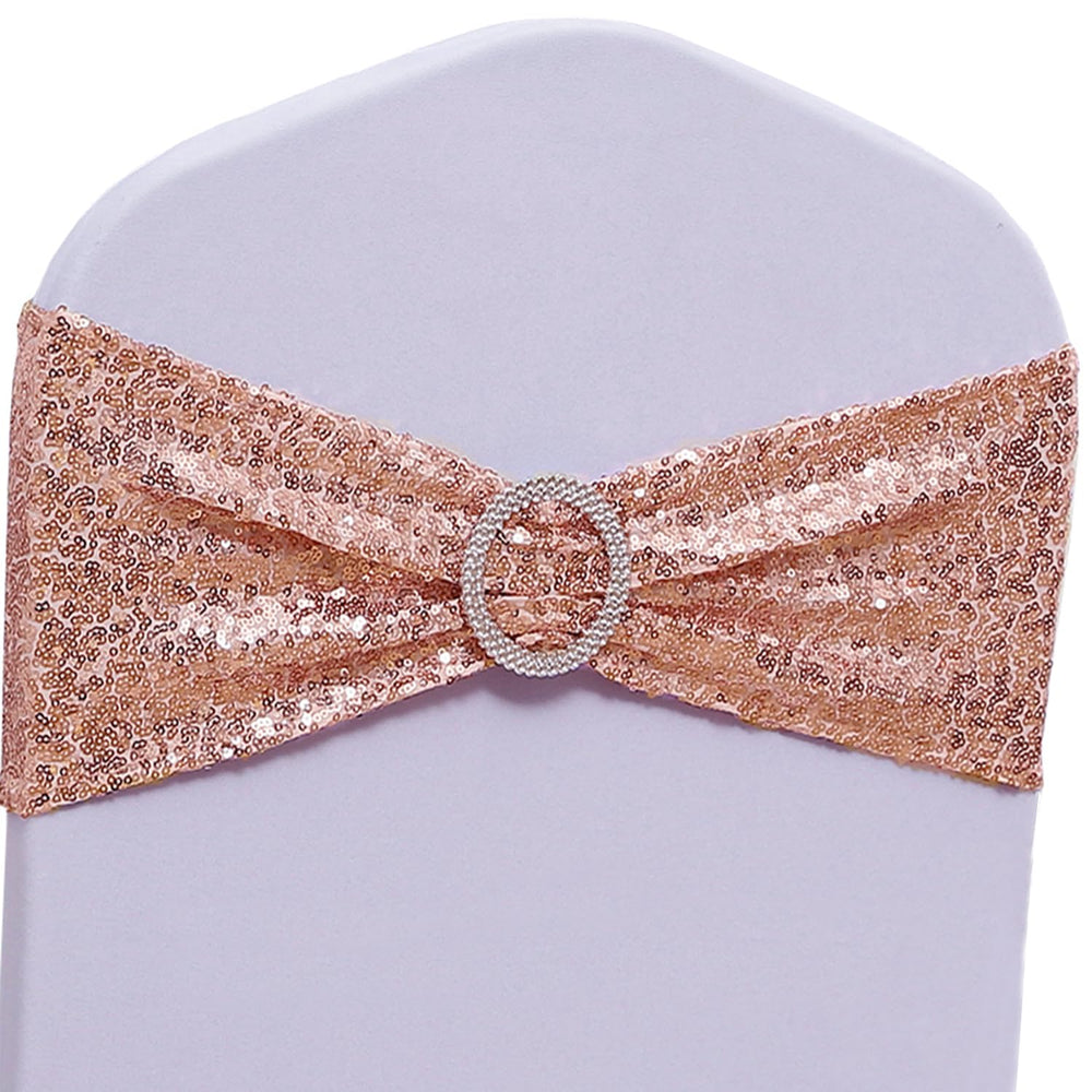 SINSSOWL rose gold chair sash closeup showing sequins and stretch fabric for weddings