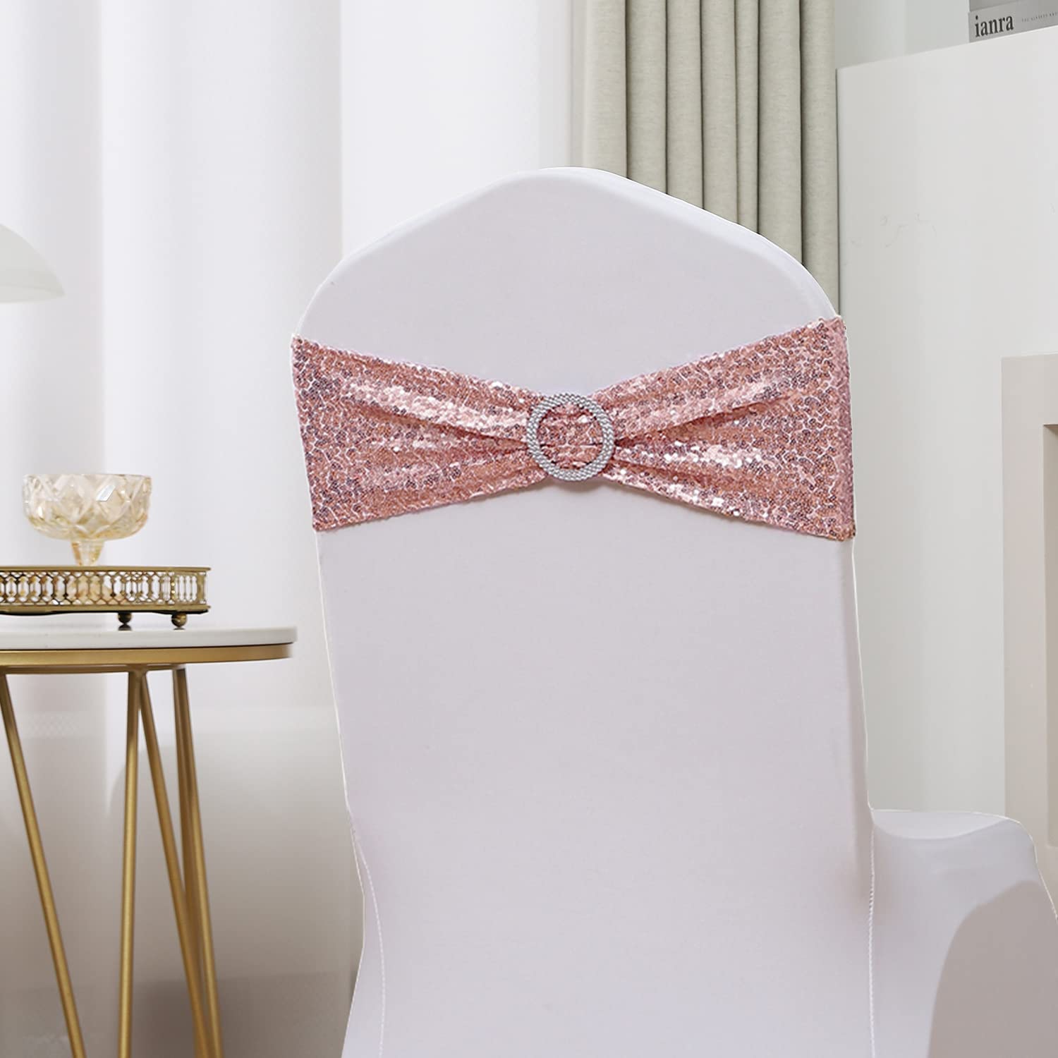 SINSSOWL sequin detail on rose gold chair sash adds luxurious texture