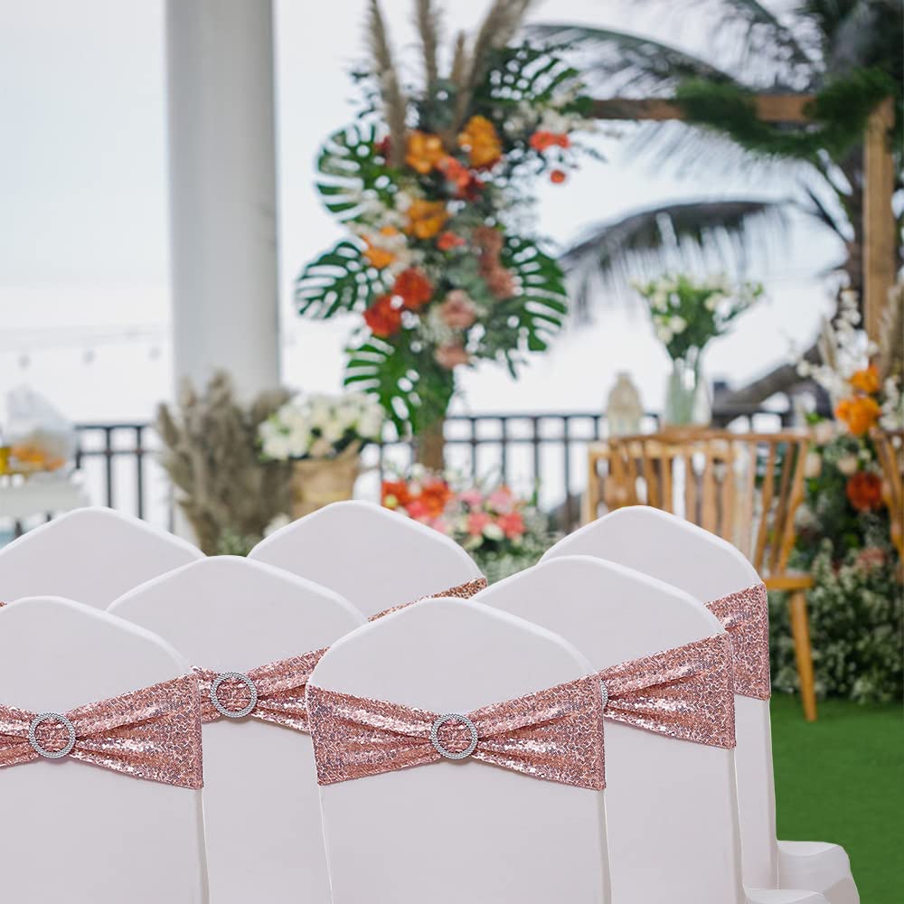 SINSSOWL wedding decor setup with chairs wearing rose gold sashes