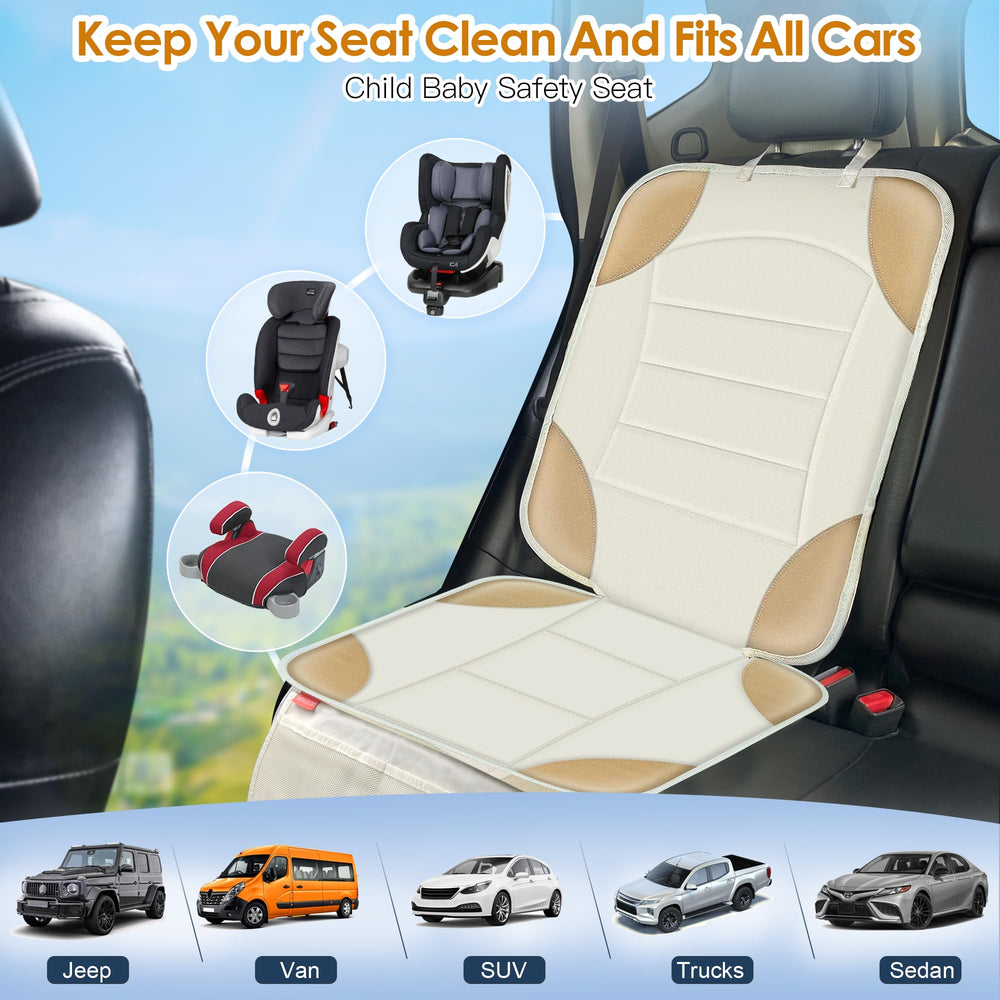 Sinvitron car seat protector adjustable straps secure to headrests.