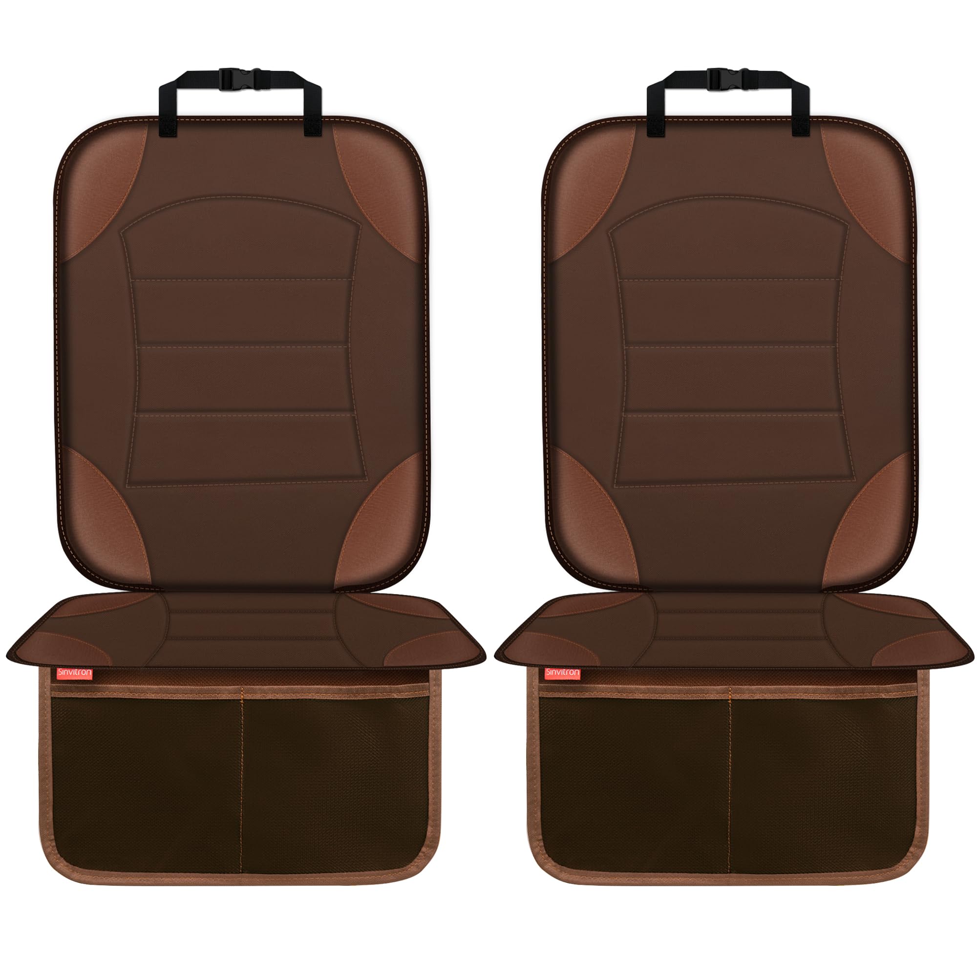Sinvitron car seat protector brown back view shields upholstery from scuffs and spills.