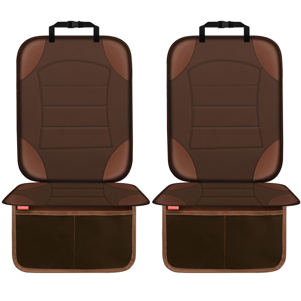 Sinvitron car seat protector brown back view shields upholstery from scuffs and spills.