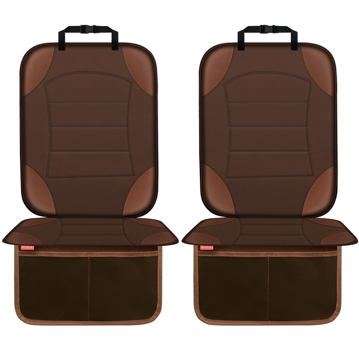 Sinvitron car seat protector brown back view shields upholstery from scuffs and spills.