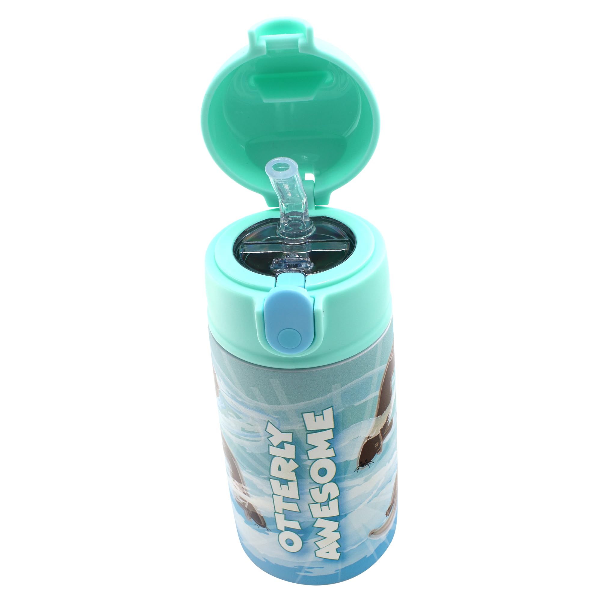 SIP WITH ME SRM Flip-top straw spout with secure lid reduces spills in backpacks.