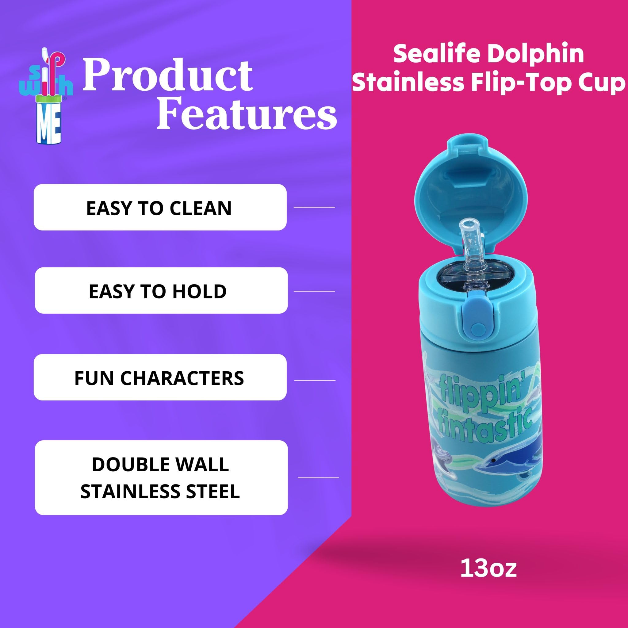 SIP WITH ME Sealife Dolphin bottle flip-top lid enables easy one-handed drinking.