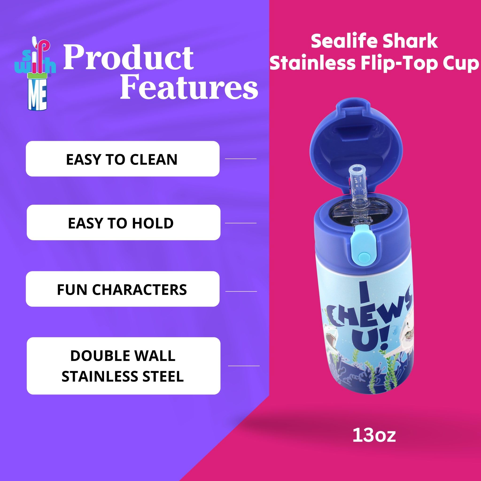 SIP WITH ME Sealife Shark bottle closeup shows durable stainless steel construction.