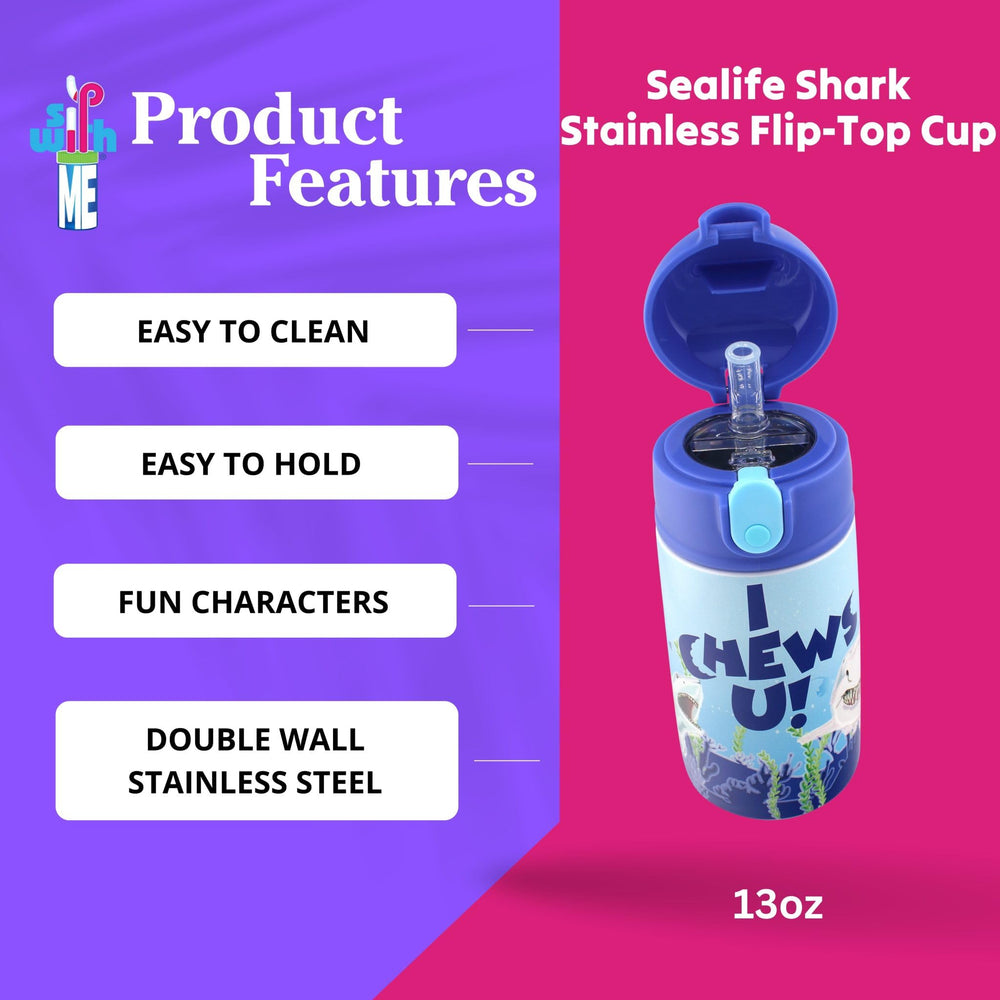 SIP WITH ME Sealife Shark bottle closeup shows durable stainless steel construction.