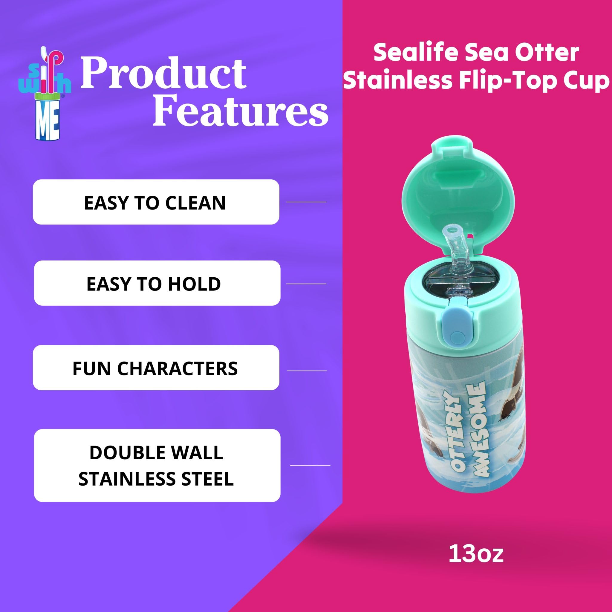 SIP WITH ME SRM Sealife Sea Otter 13 oz tumbler with spill-safe lid, perfect for juice or water.
