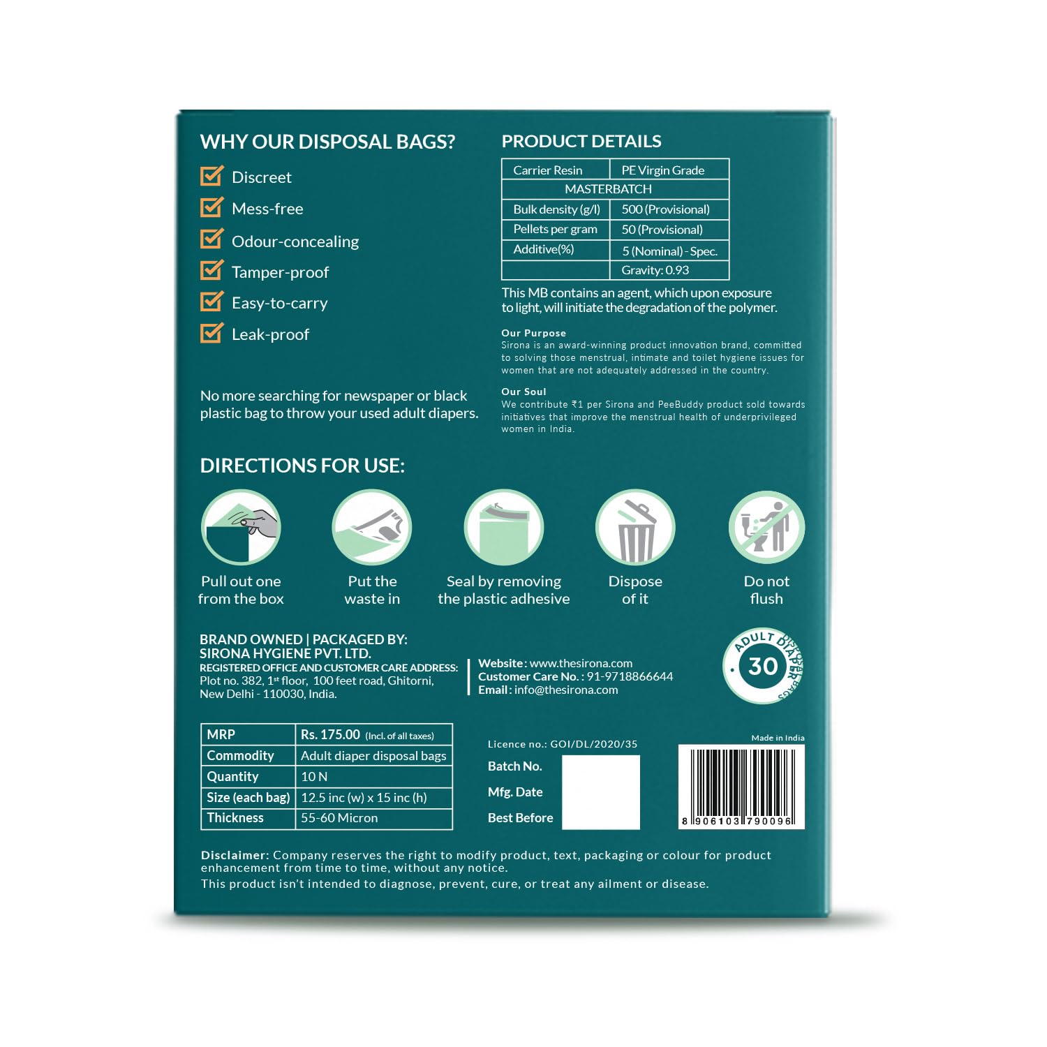 Sirona in-use disposable bags demonstrate discreet disposal in a bathroom