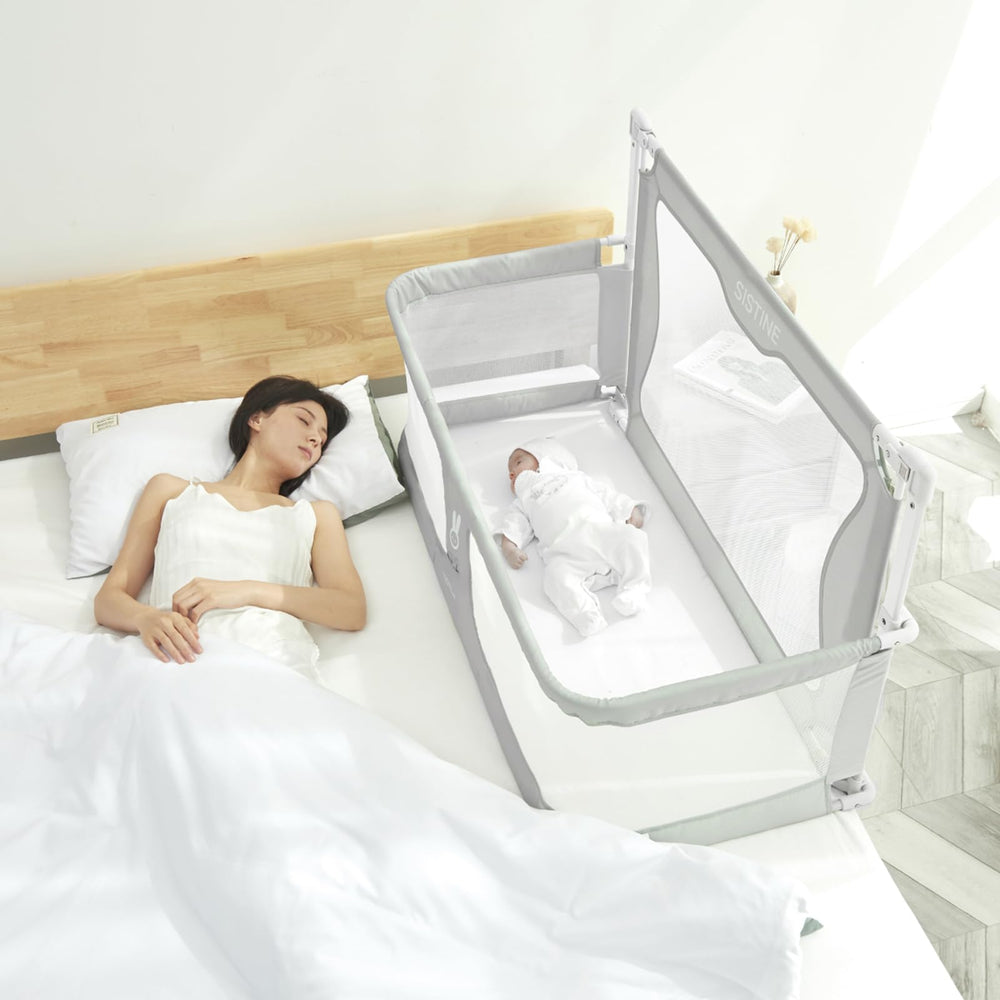 SISTINE Co Sleeper bedside-rail assembly shows secure stability for safe night nursing.