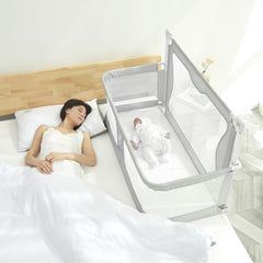 SISTINE Co Sleeper bedside-rail assembly shows secure stability for safe night nursing.