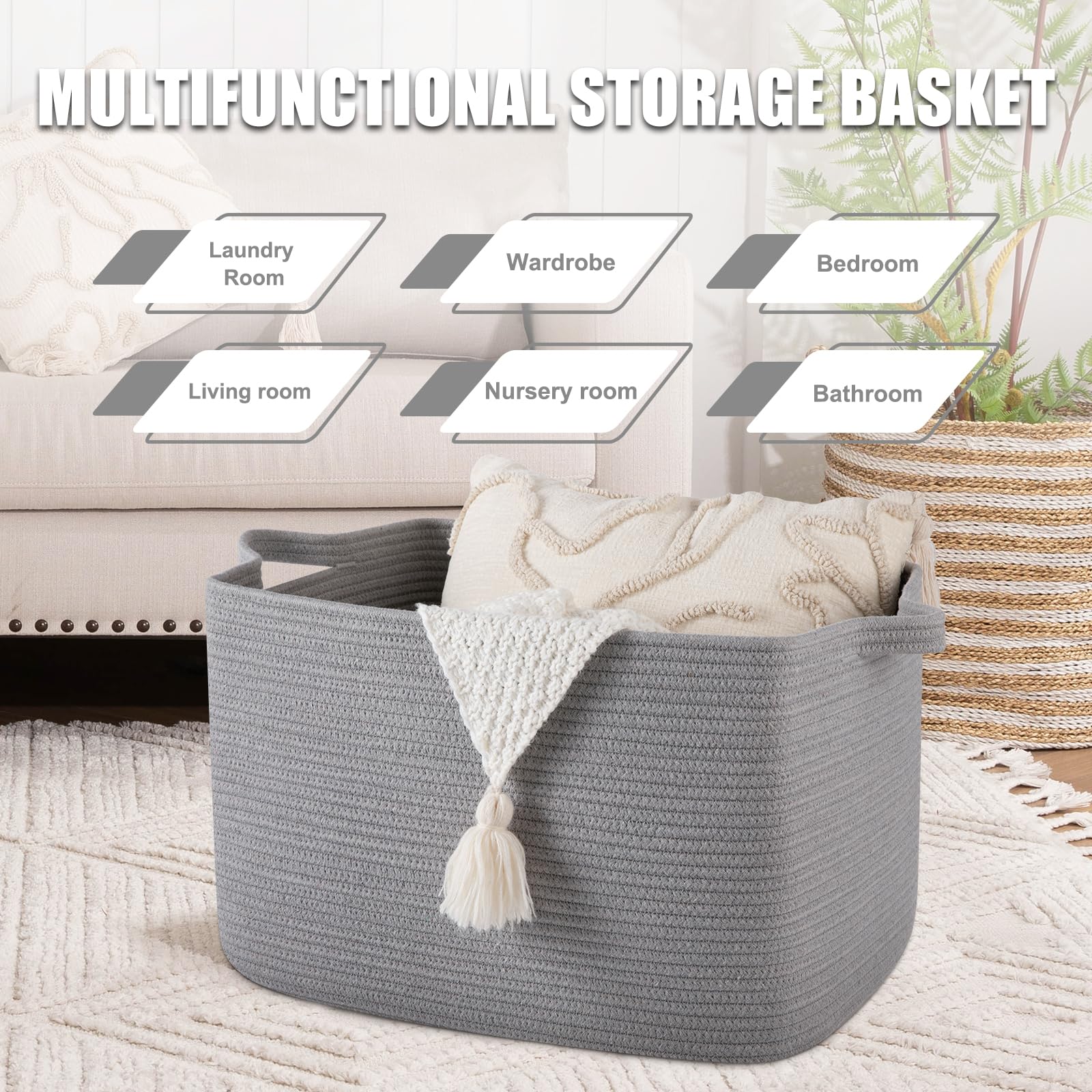 SixDove cotton rope basket close-up, double-stitch handles ensure sturdy daily use.