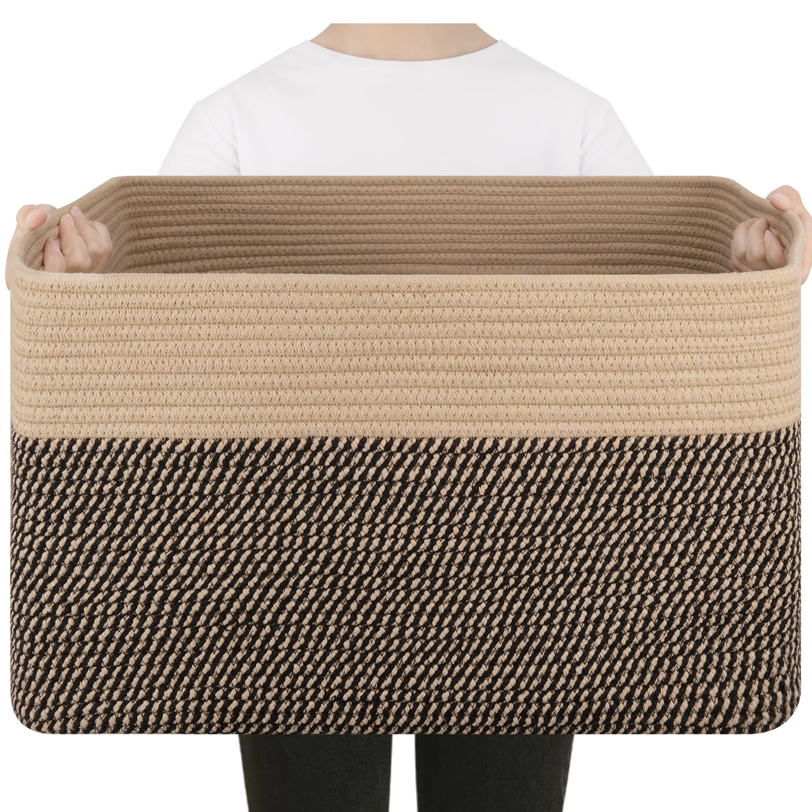 SIXDOVE 75L large blanket basket front view showing sturdy cotton rope for storage