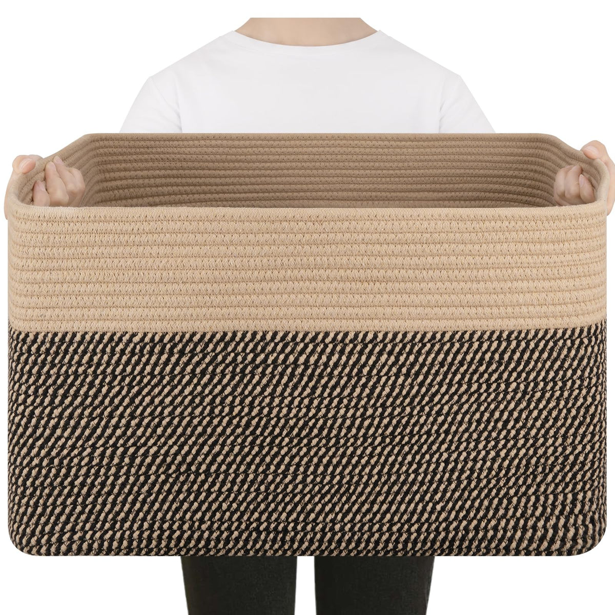 SIXDOVE 75L large blanket basket front view showing sturdy cotton rope for storage