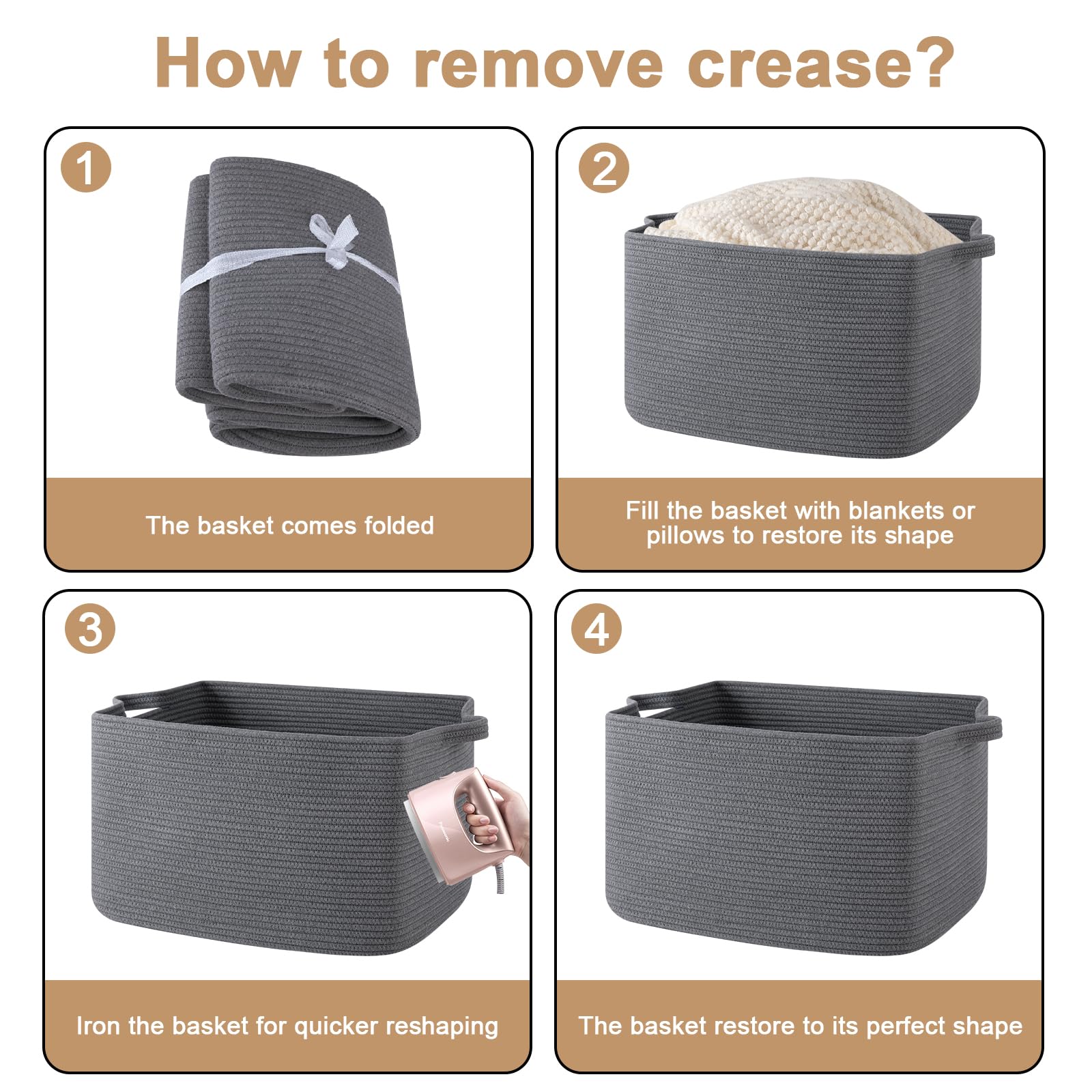 SIXDOVE storage basket shows crease care guidance after shipping