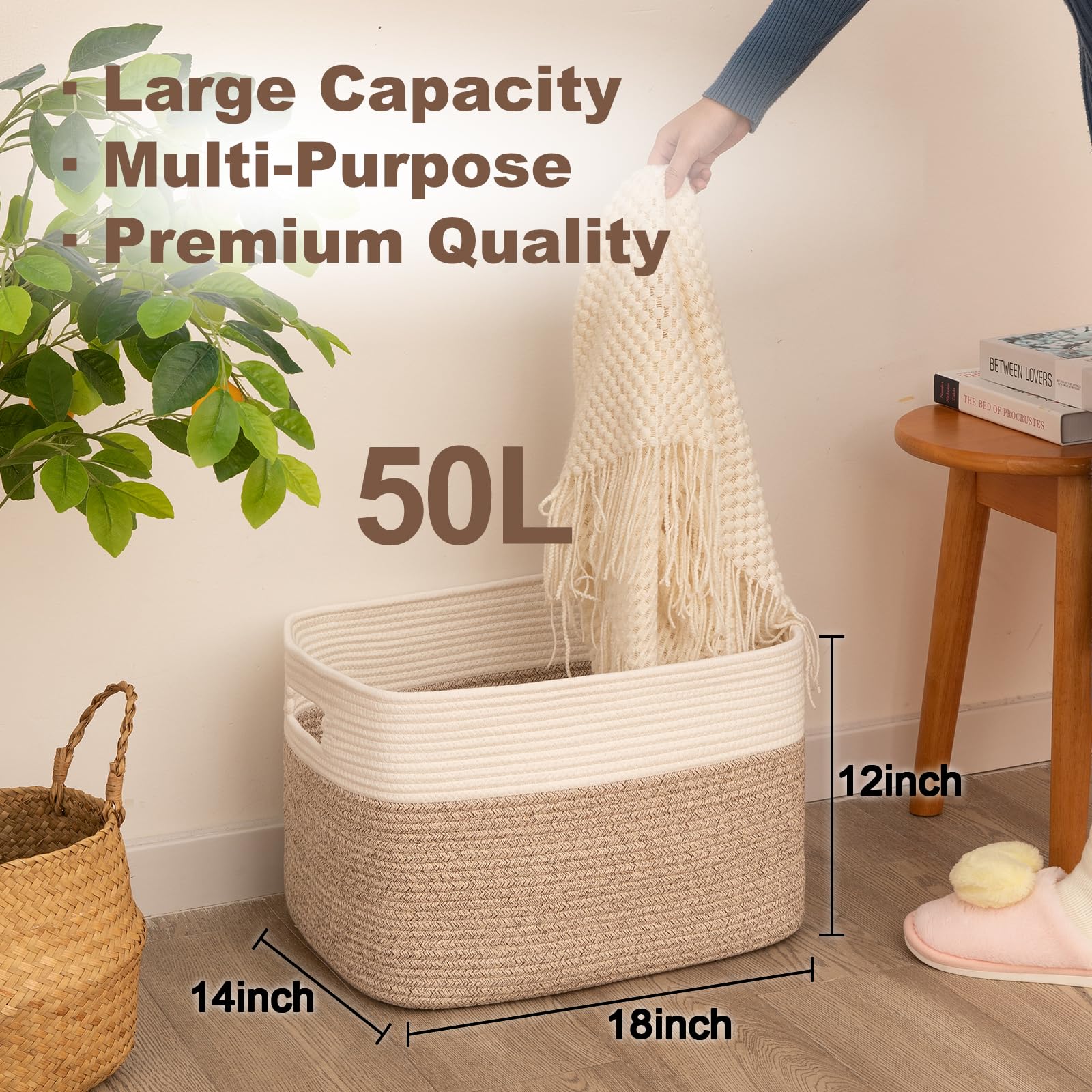 SIXDOVE blanket basket in living room stores throws while keeping decor neat.