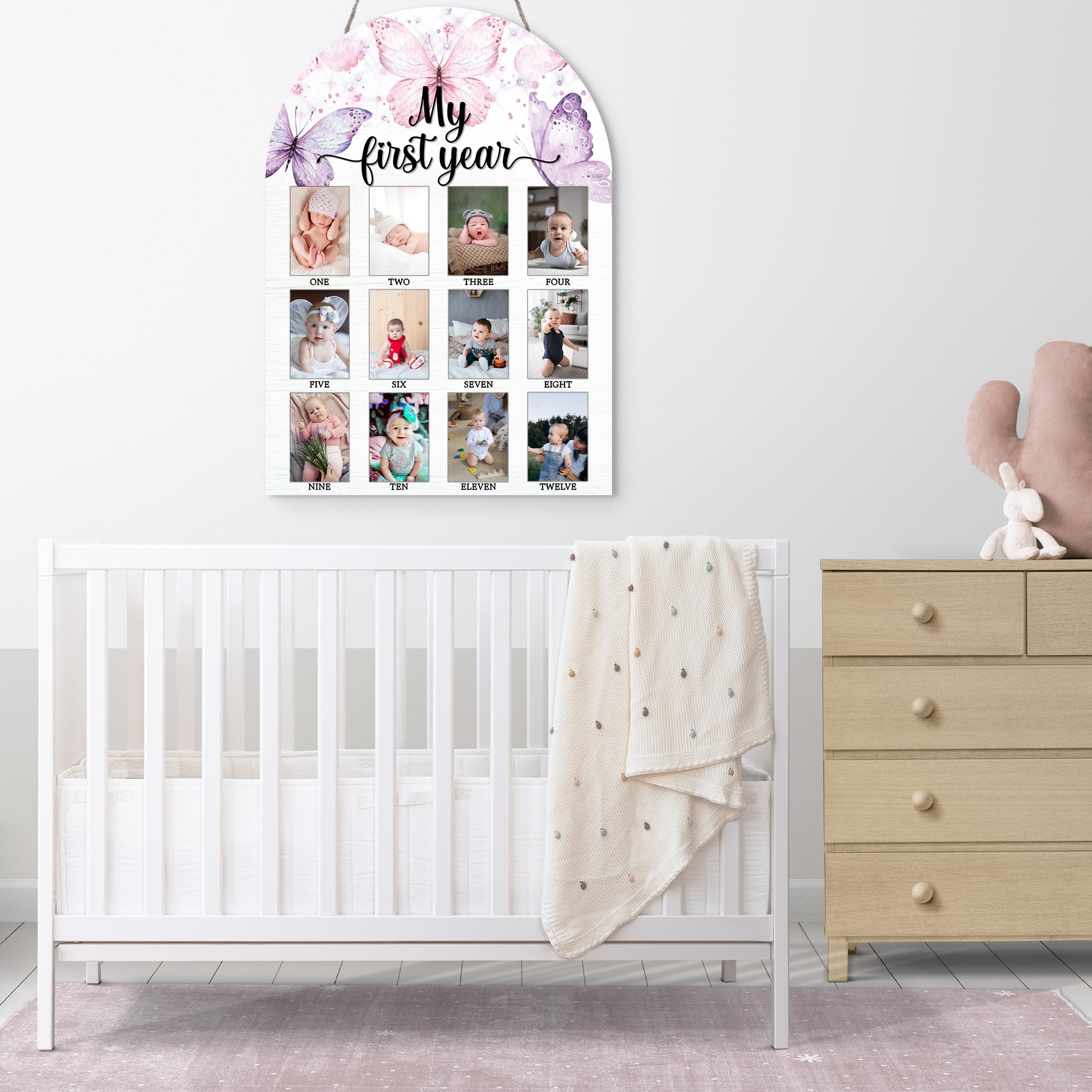 SIXEIGHT first year photo board neutral design blends with party and home decor