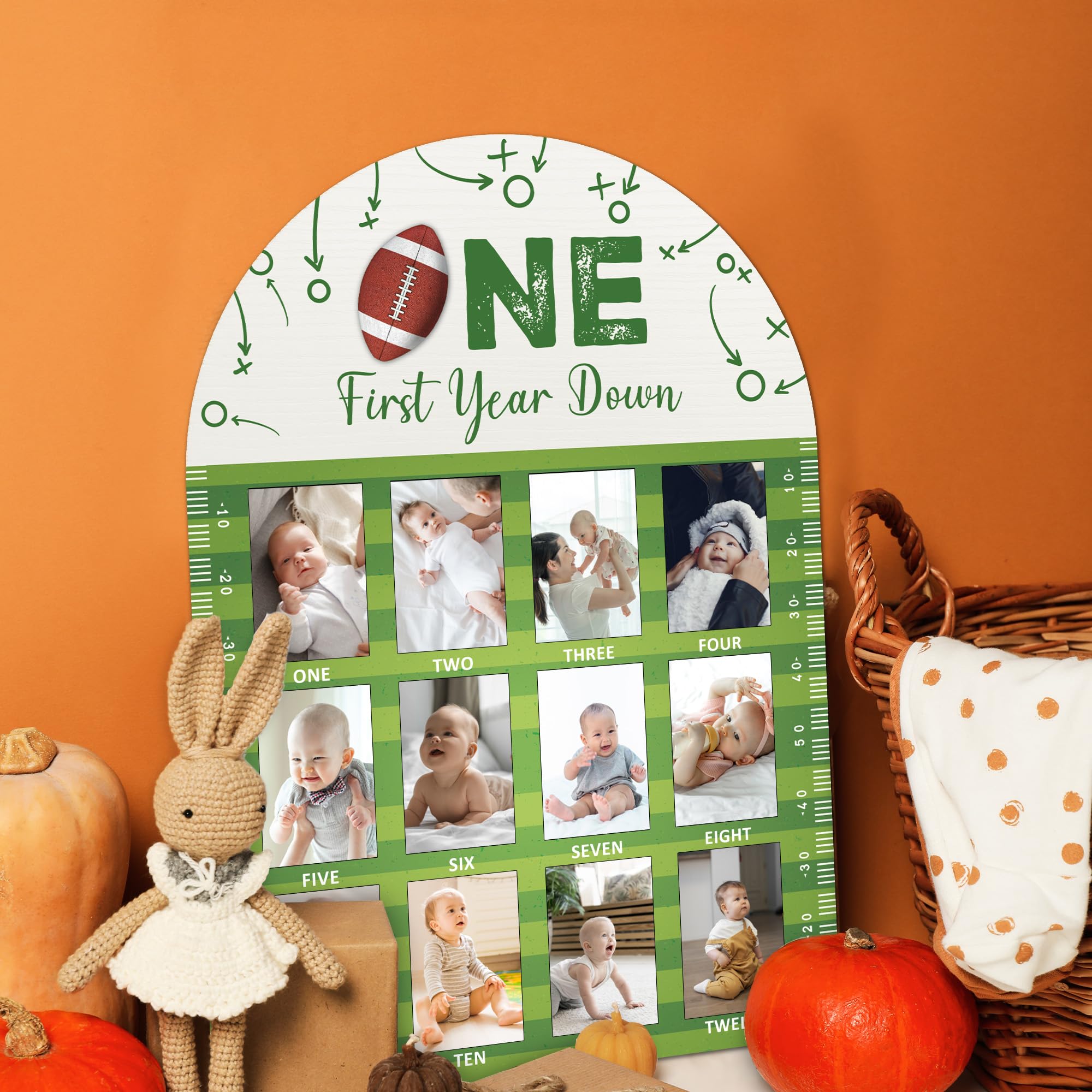 SIXEIGHT football milestone board arranged with baby photos inspires keepsake display.