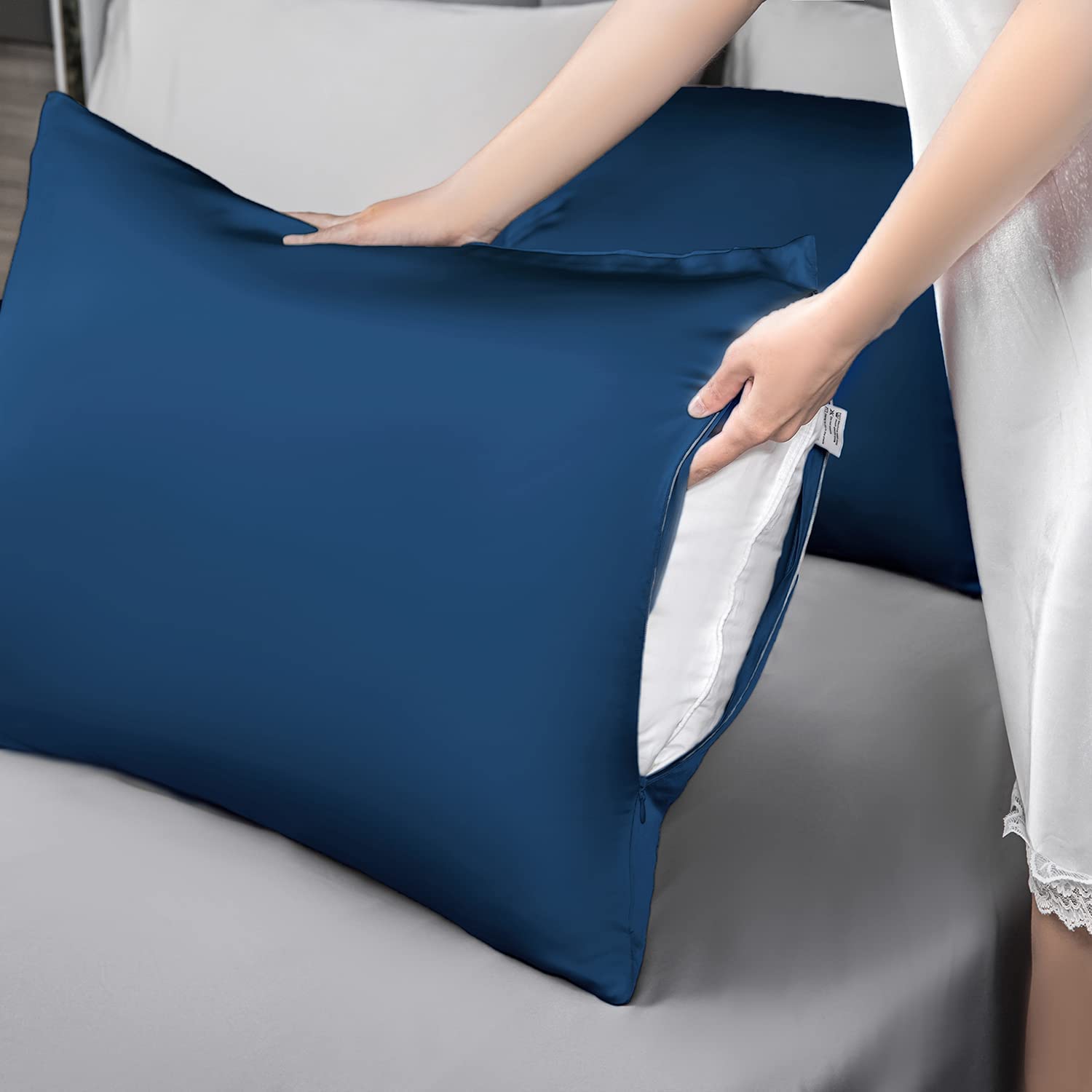 SIYUAN Gem Blue toddler silk pillowcase closeup shows breathable fabric keeping cool in summer
