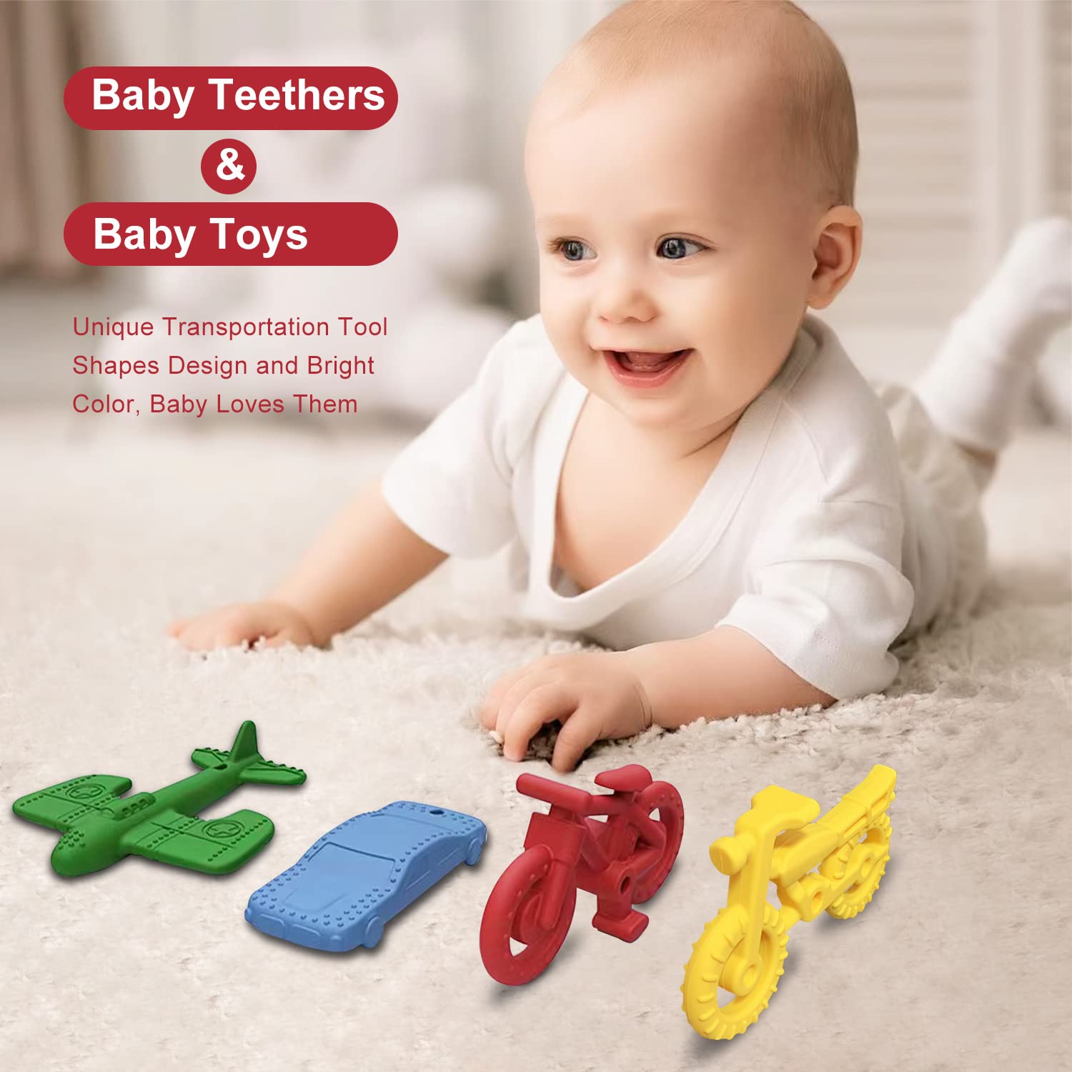 SJDSND teething toy motorcycle shape offers textured surface for gum relief.