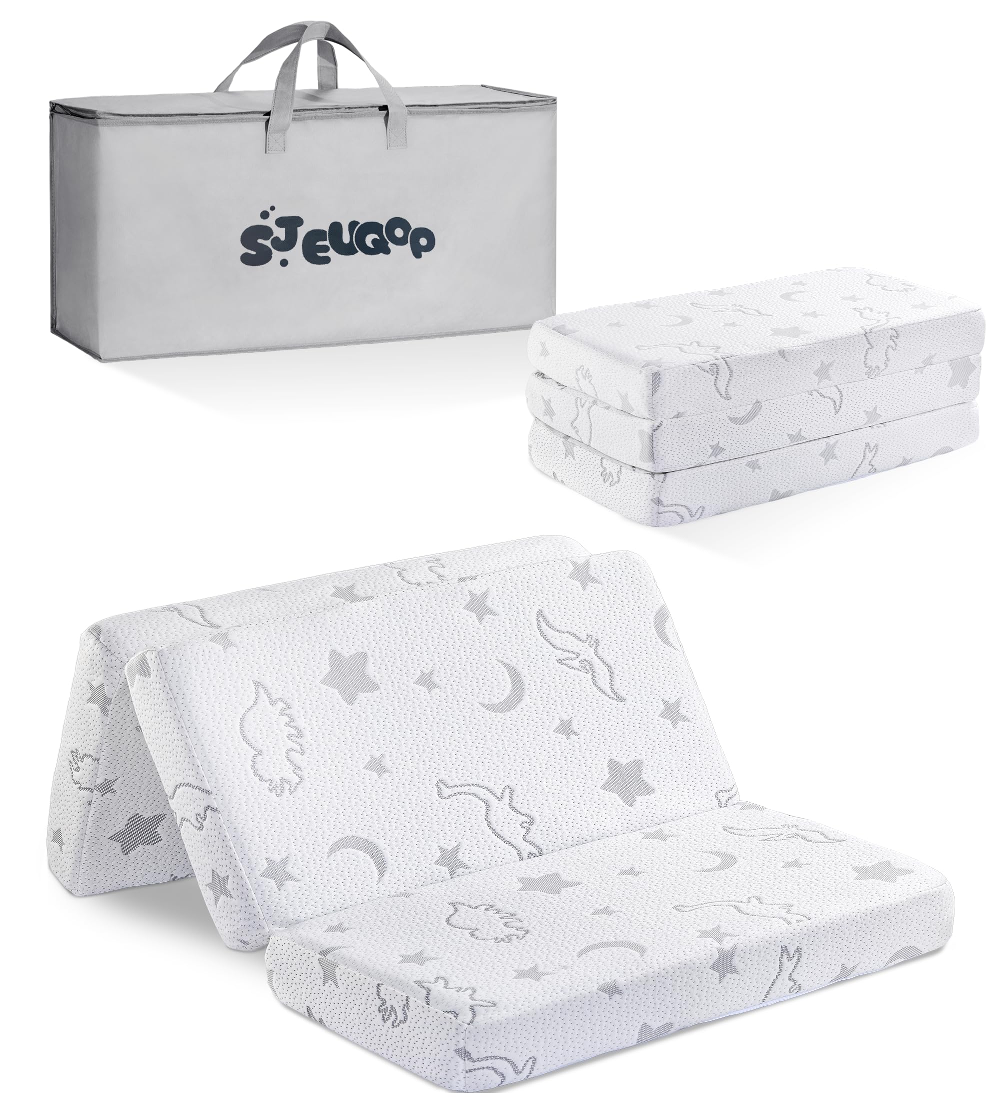 SJEUQOP trifold pack and play mattress folded for storage and travel convenience.
