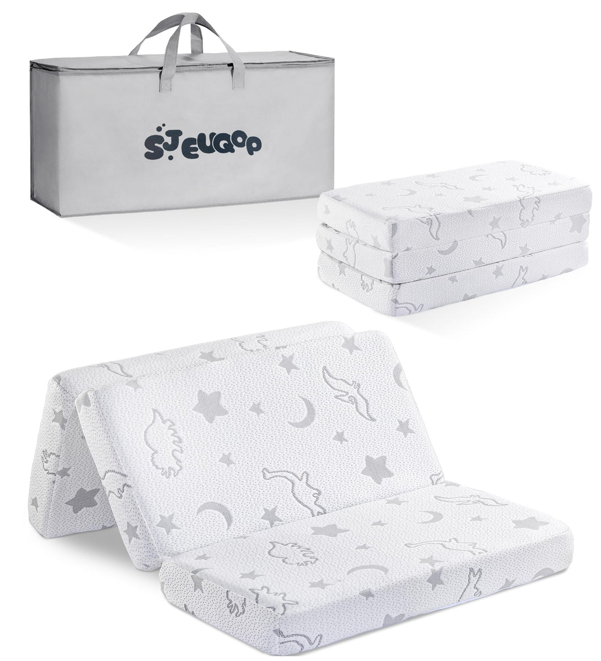 SJEUQOP trifold pack and play mattress folded for storage and travel convenience.